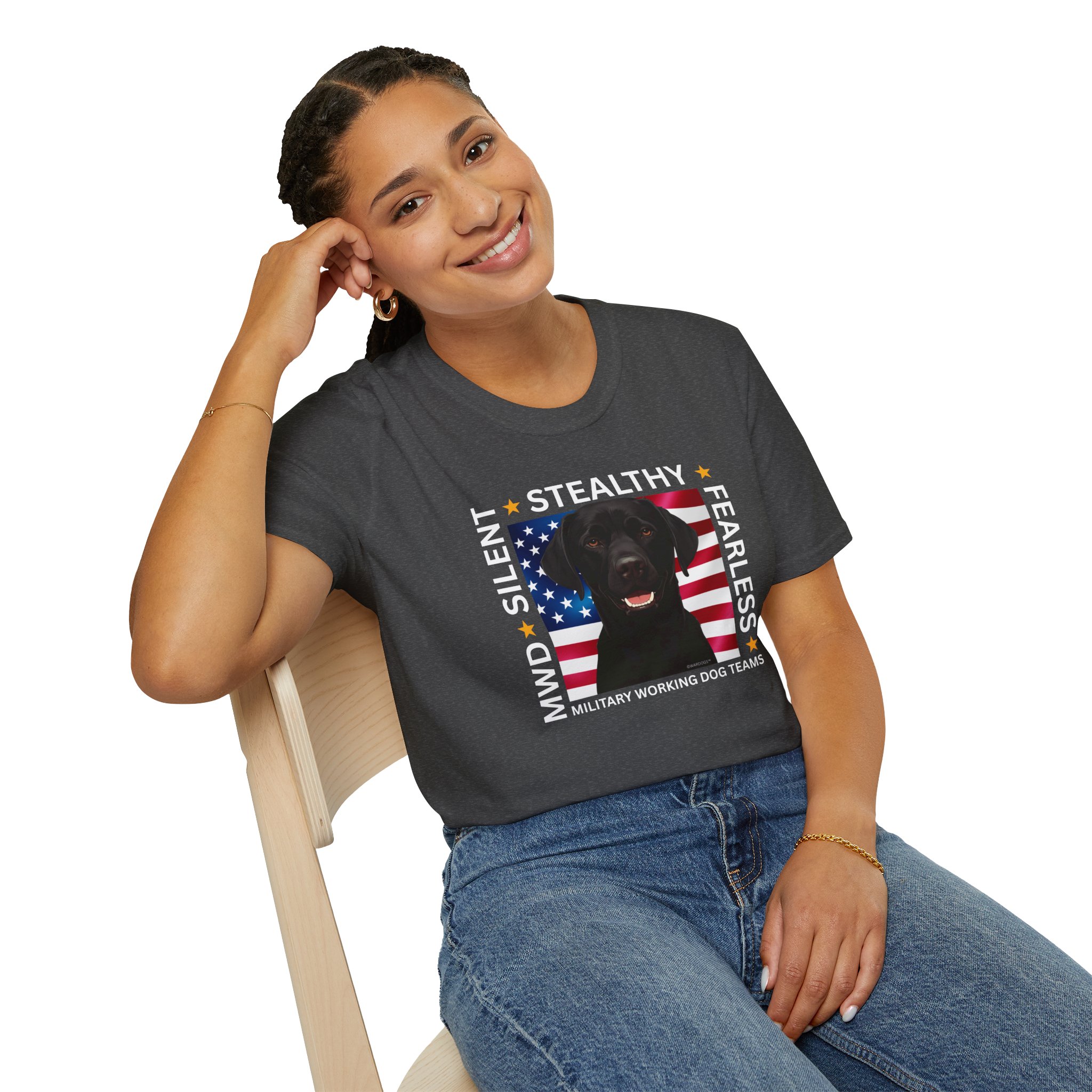 Military Working Dog T-Shirt — "MWD Silent • Stealthy • Fearless" American Flag K9 Tribute - Black Lab - Image 16