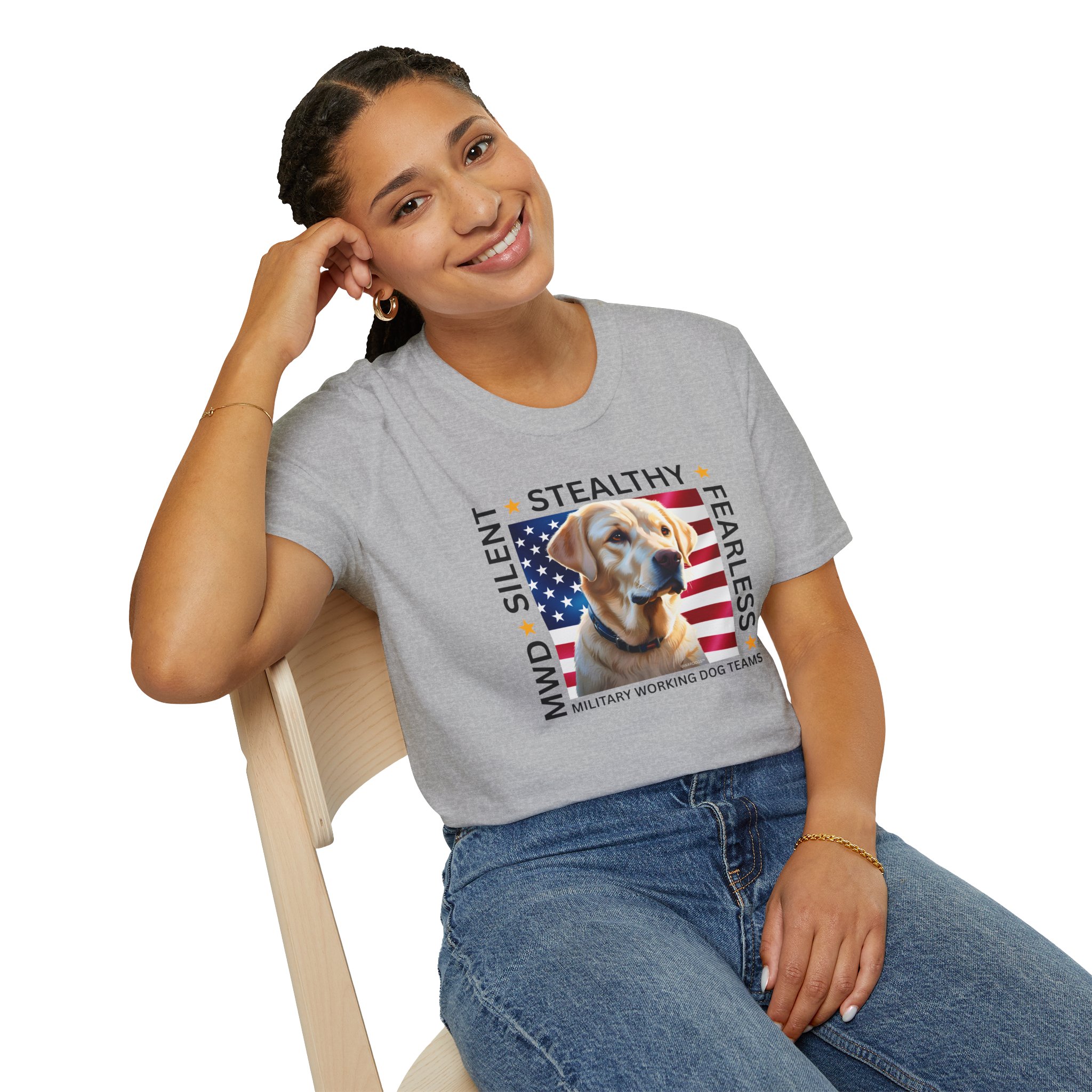 Military Working Dog T-Shirt — "MWD Silent • Stealthy • Fearless" American Flag K9 Tribute - Yellow Labrador - Image 12