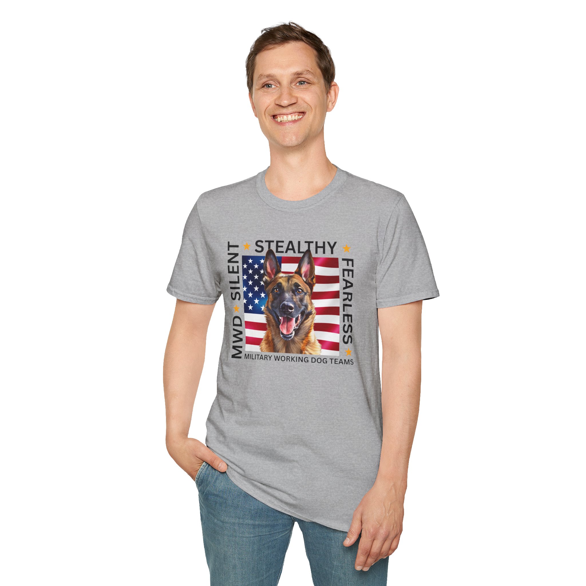 Military Working Dog T-Shirt — "MWD Silent • Stealthy • Fearless" American Flag K9 Tribute - Belgian Malinois - Image 11