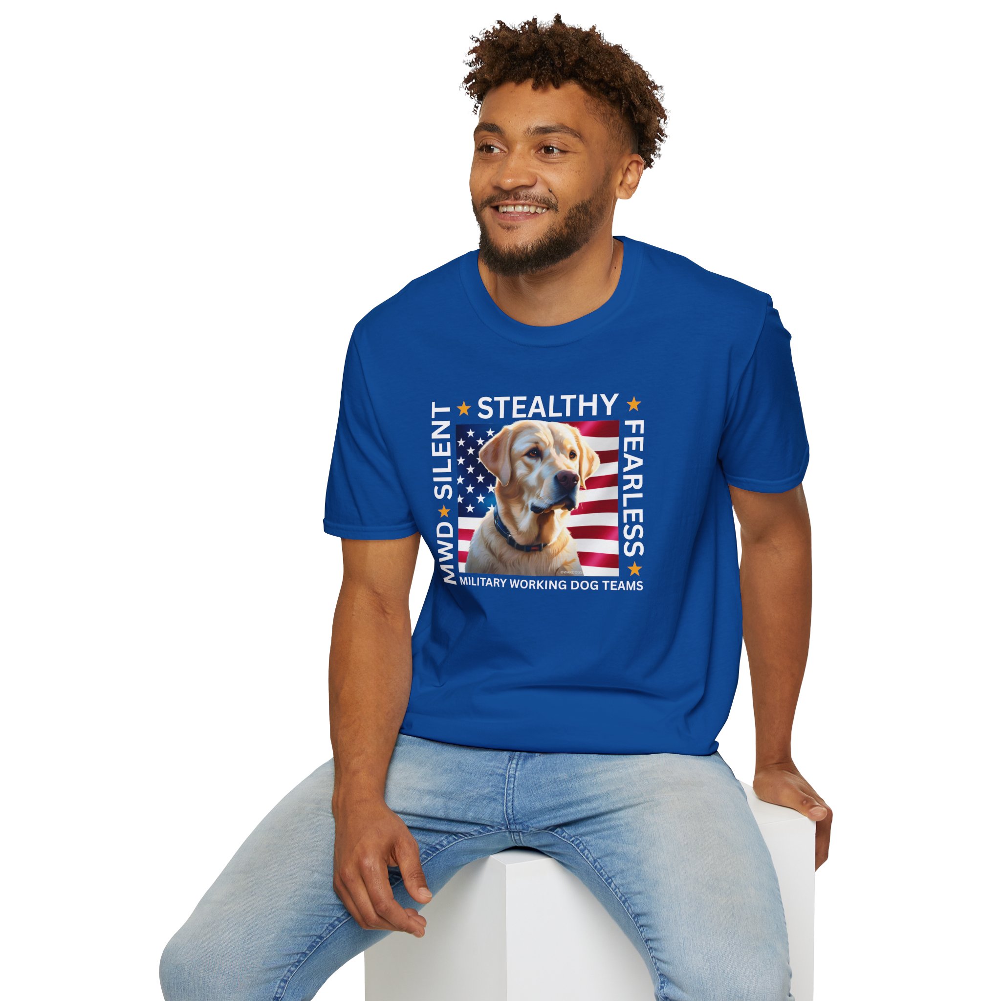 Copy of Military Working Dog T-Shirt — "MWD Silent • Stealthy • Fearless" American Flag K9 Tribute - Yellow Lab - Image 3