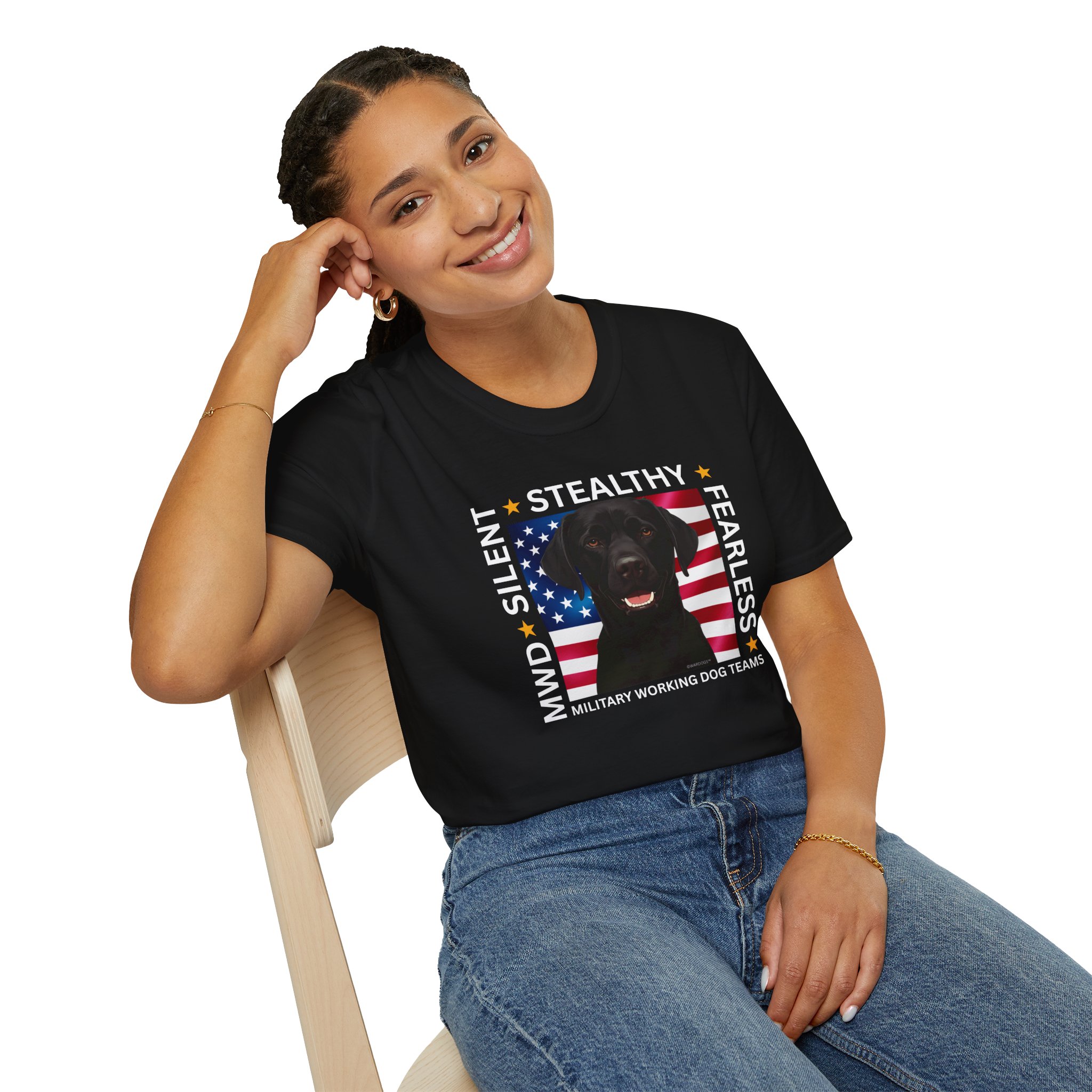 Military Working Dog T-Shirt — "MWD Silent • Stealthy • Fearless" American Flag K9 Tribute - Black Lab - Image 8