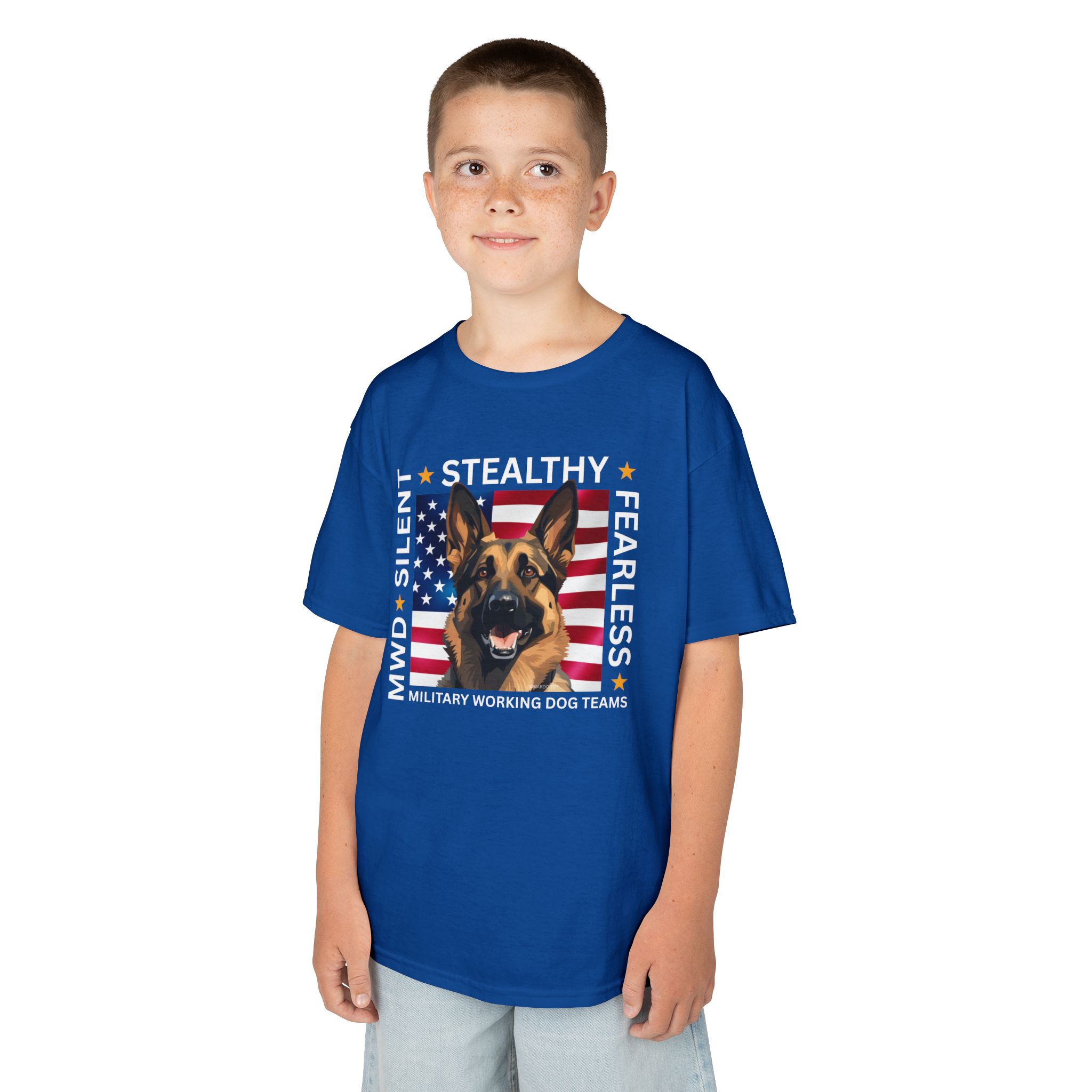 Kids Military Working Dog Tee — "Silent • Stealthy • Fearless" American Flag K9 Shirt - Image 14