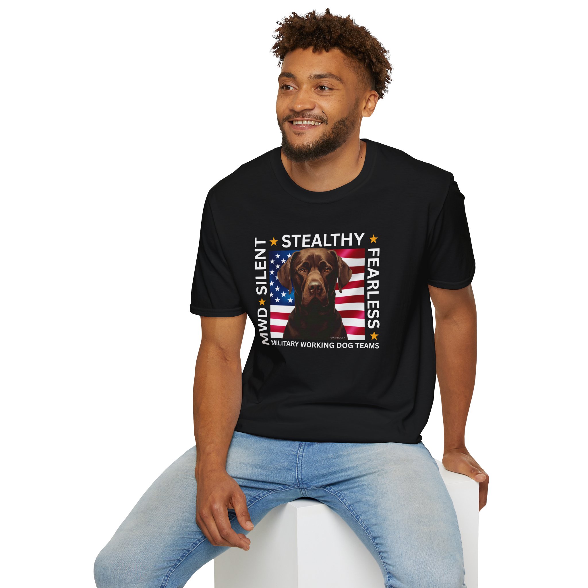 Military Working Dog T-Shirt — "MWD Silent • Stealthy • Fearless" American Flag K9 Tribute - Chocolate Lab - Image 7
