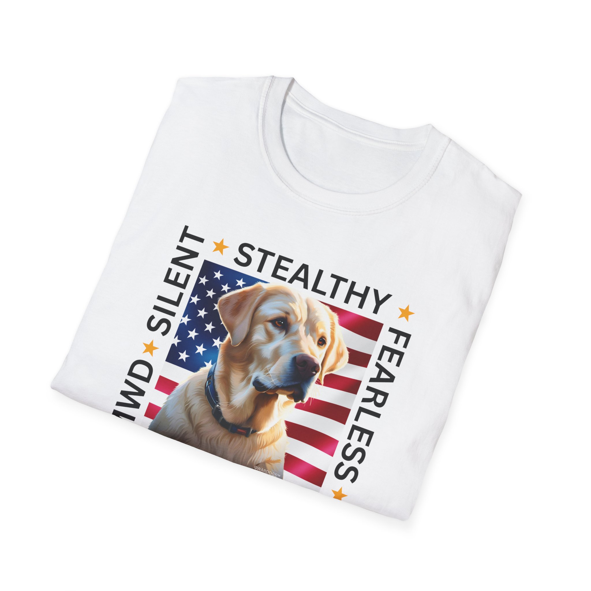 Military Working Dog T-Shirt — "MWD Silent • Stealthy • Fearless" American Flag K9 Tribute - Yellow Labrador - Image 2
