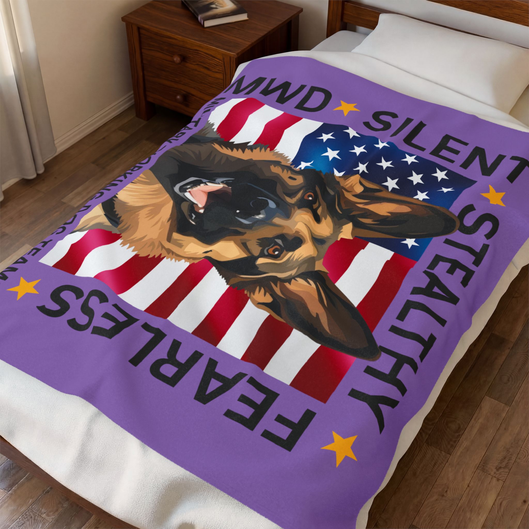 Velveteen Plush Blanket — Military Working Dog K9 Design with American Flag ("Silent, Stealthy, Fearless") - Image 5