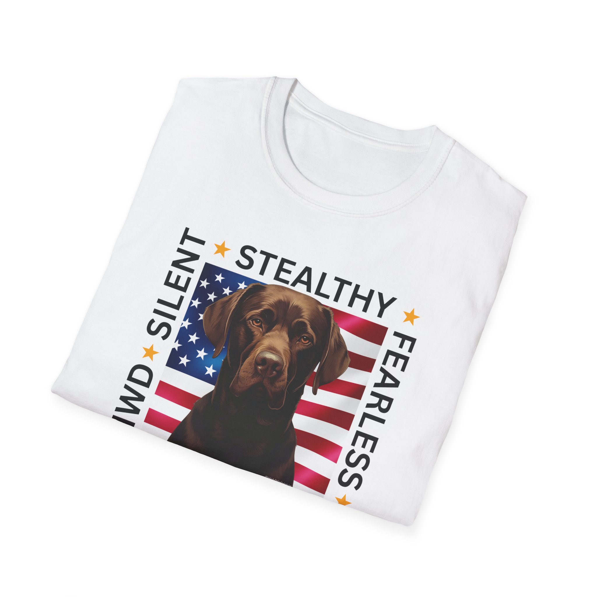 Military Working Dog T-Shirt — "MWD Silent • Stealthy • Fearless" American Flag K9 Tribute - Chocolate Lab - Image 10