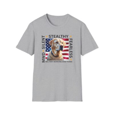 Military Working Dog T-Shirt — “MWD Silent • Stealthy • Fearless” American Flag K9 Tribute – Yellow Lab