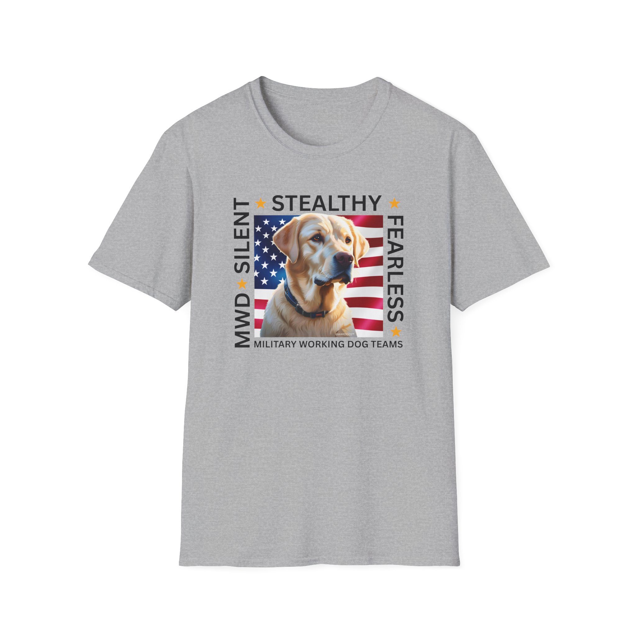 Military Working Dog T-Shirt — "MWD Silent • Stealthy • Fearless" American Flag K9 Tribute - Yellow Lab