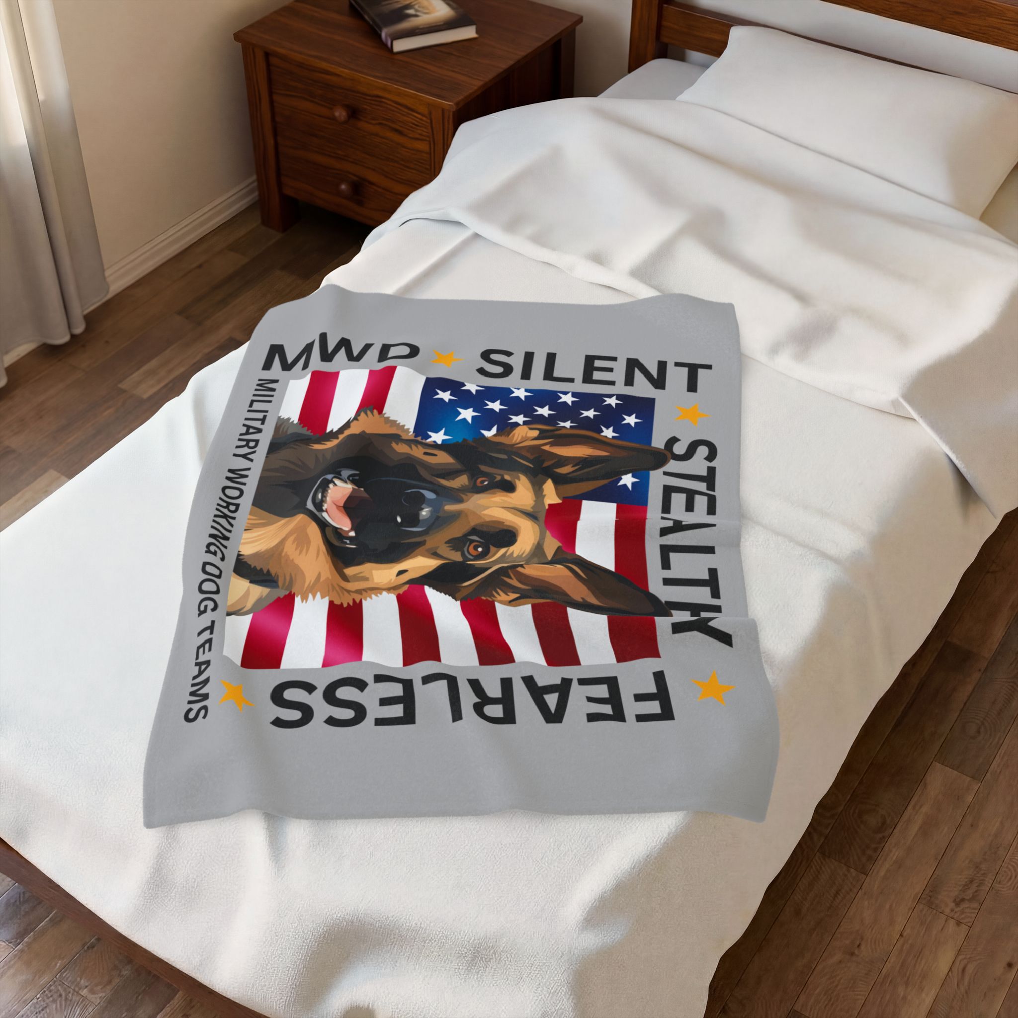 Velveteen Plush Blanket — Military Working Dog K9 Design with American Flag ("Silent, Stealthy, Fearless") - Image 8