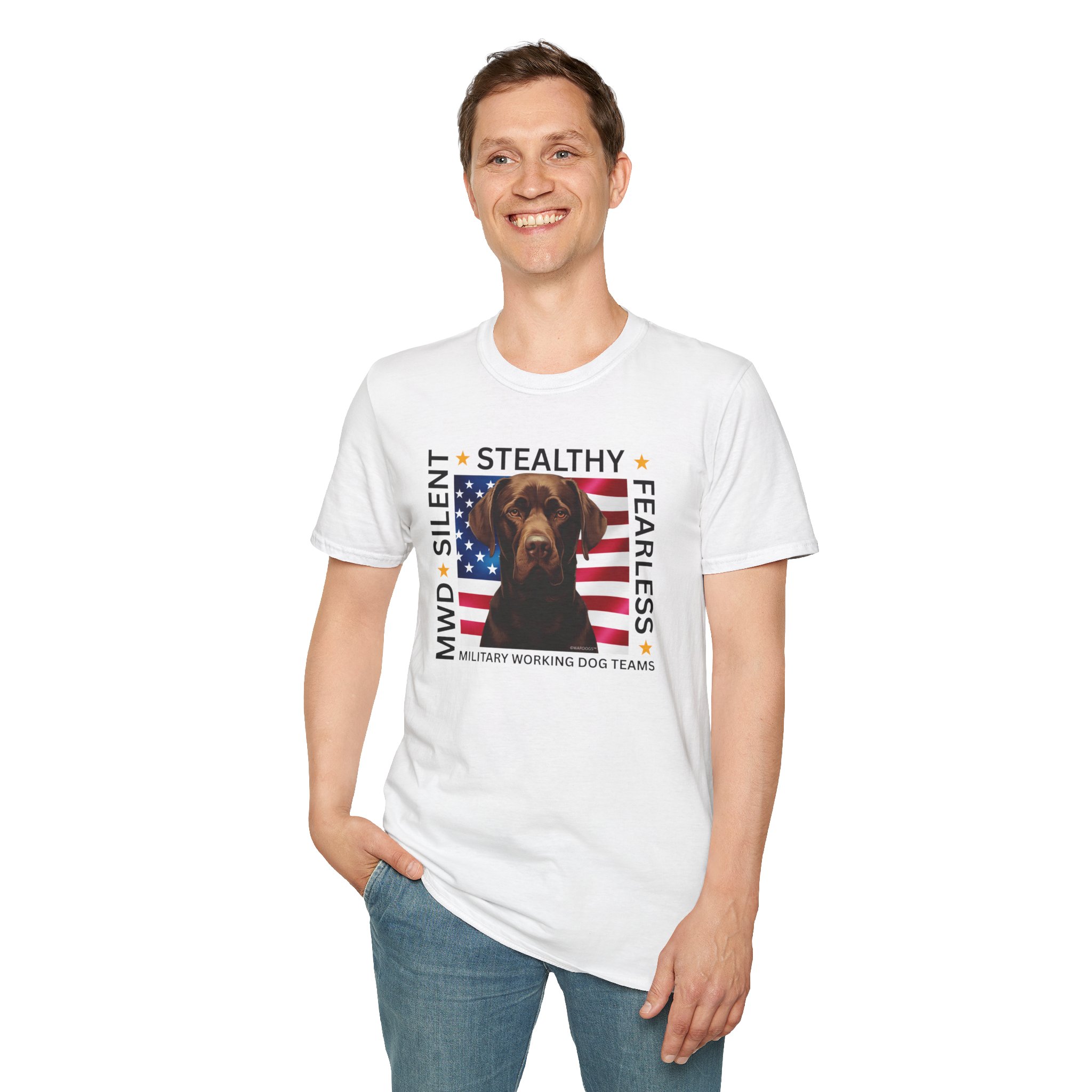 Military Working Dog T-Shirt — "MWD Silent • Stealthy • Fearless" American Flag K9 Tribute - Chocolate Lab - Image 11