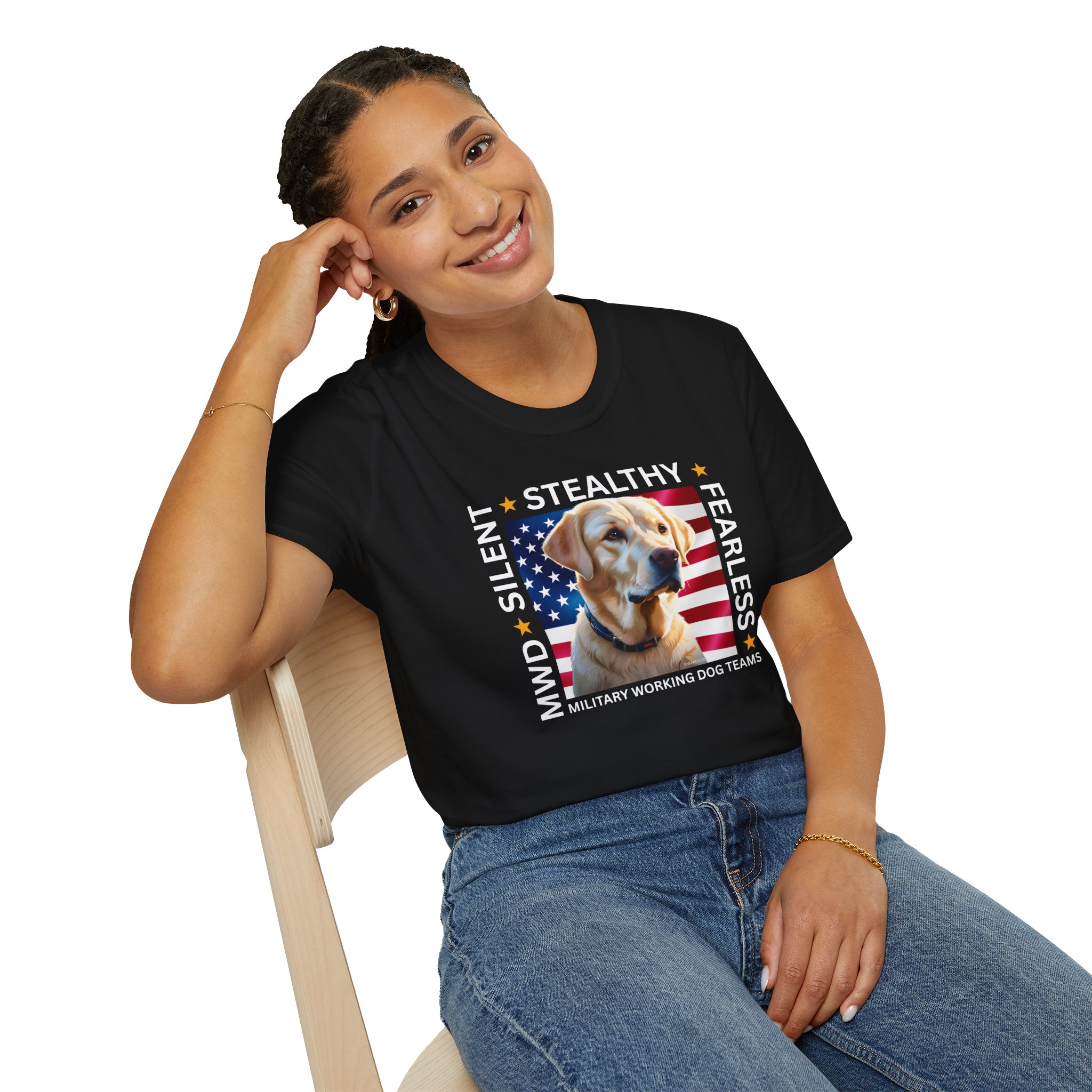 Copy of Military Working Dog T-Shirt — "MWD Silent • Stealthy • Fearless" American Flag K9 Tribute - Yellow Lab - Image 8