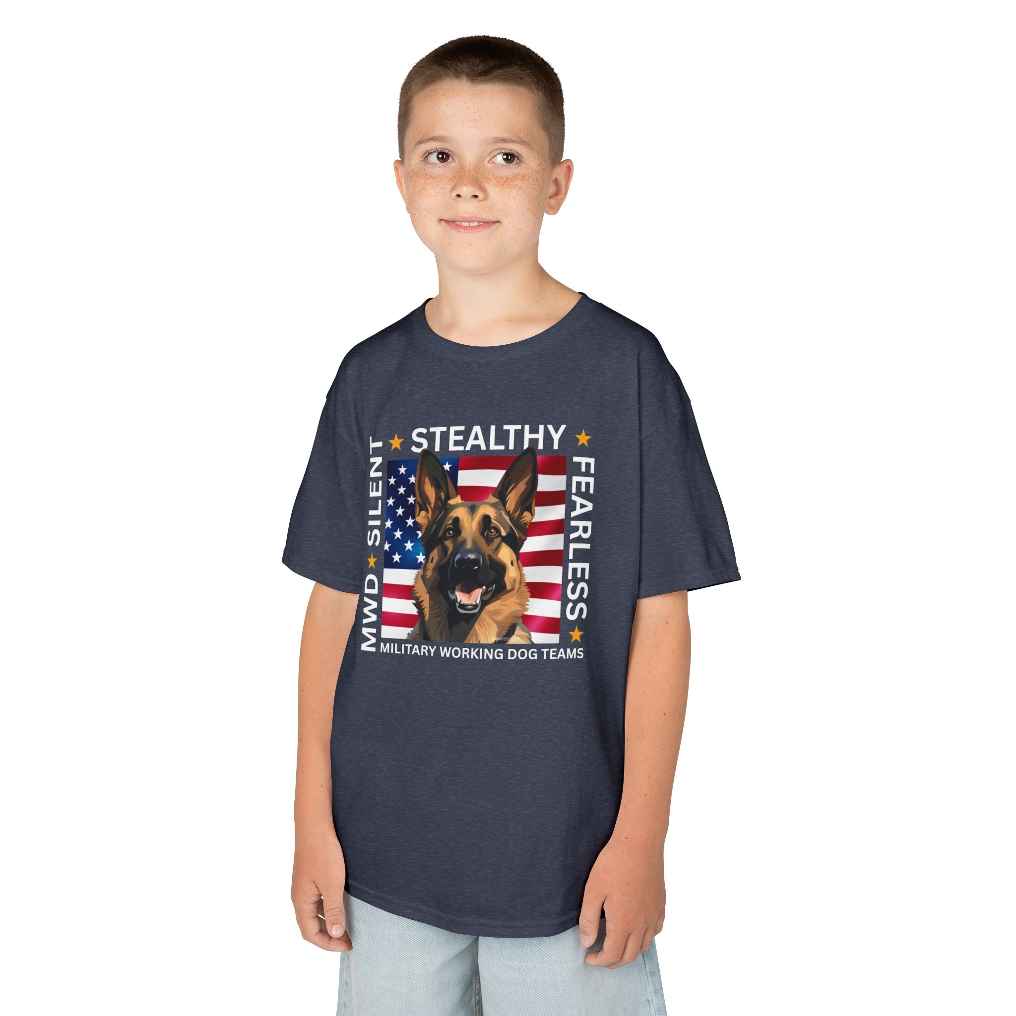 Kids Military Working Dog Tee — "Silent • Stealthy • Fearless" American Flag K9 Shirt - Image 20