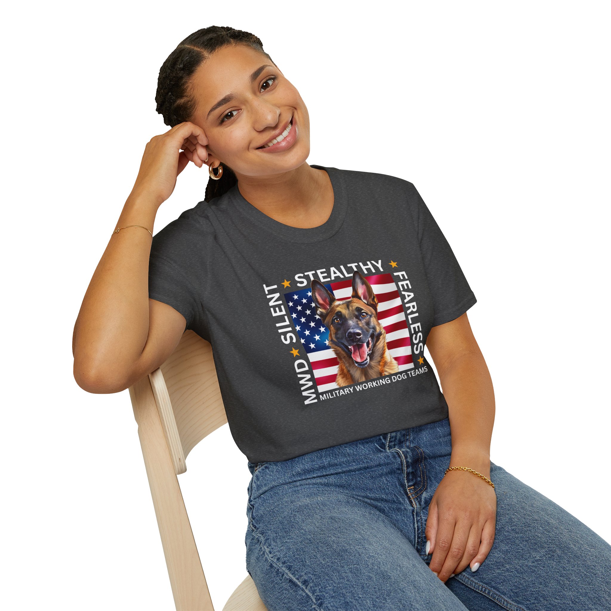 Military Working Dog T-Shirt — "MWD Silent • Stealthy • Fearless" American Flag K9 Tribute - Belgian Malinois - Image 12
