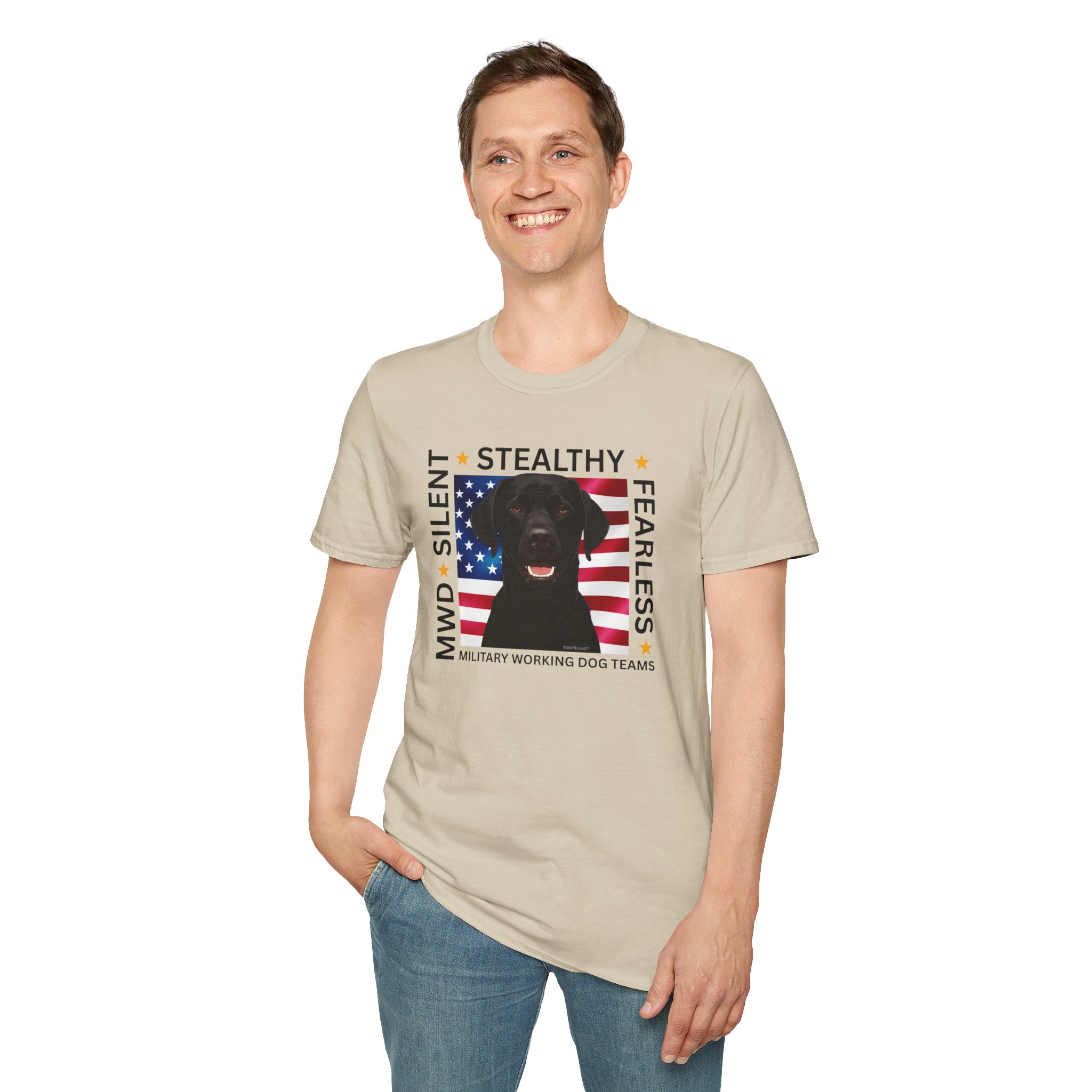 Military Working Dog T-Shirt — "MWD Silent • Stealthy • Fearless" American Flag K9 Tribute - Black Lab - Image 11