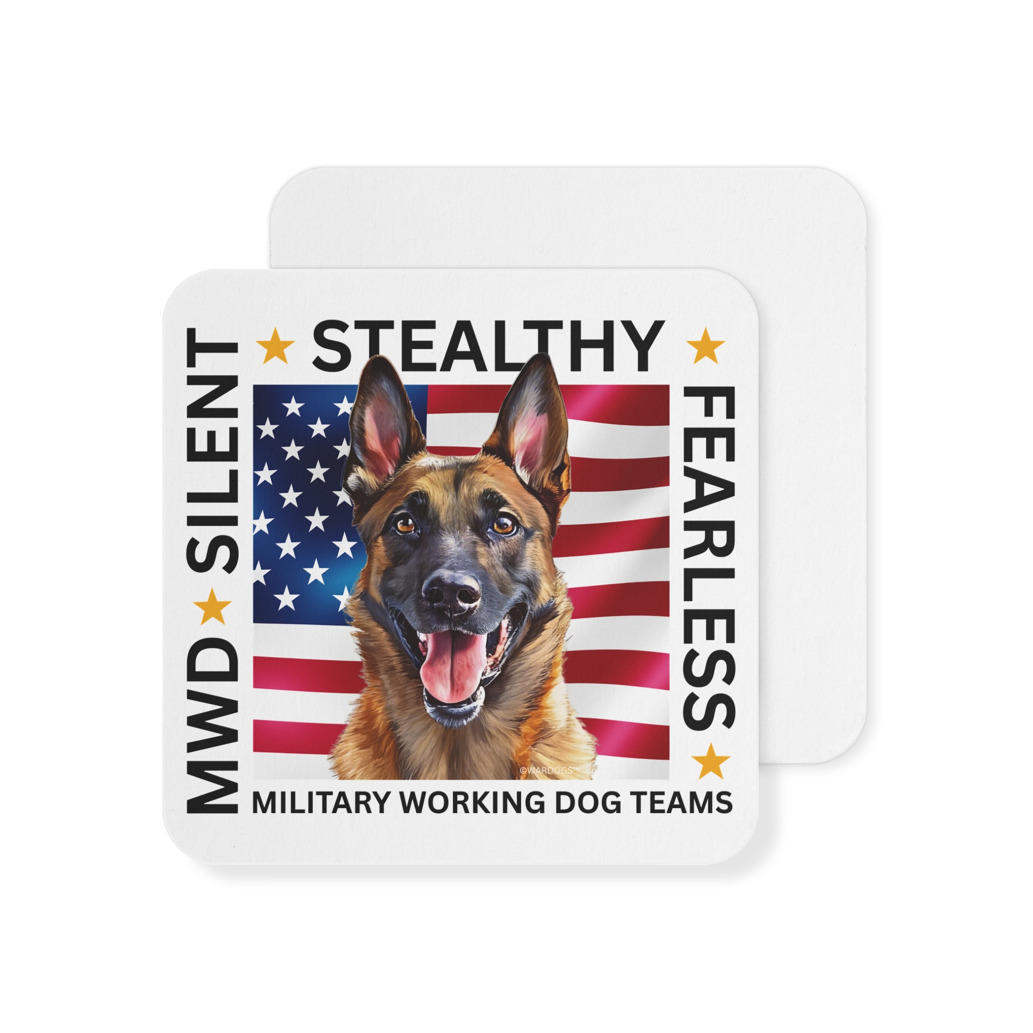 Military Working Dog Belgian Malinois — 'Silent • Stealthy • Fearless' American Flag K9 Drink Coasters (Set of 50/100) - Image 2