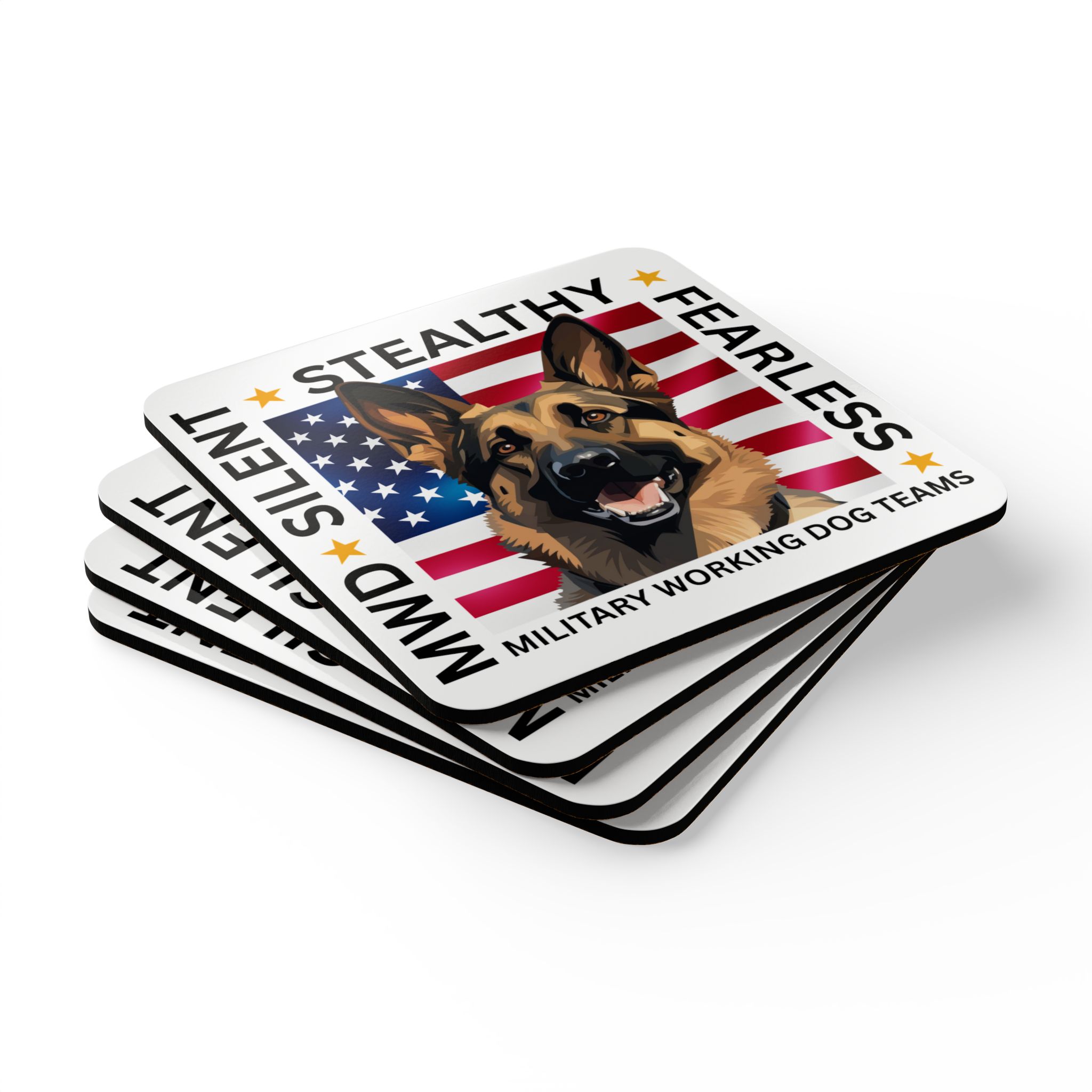 Military Working Dog Coaster Set — American Flag German Shepherd Cork Coasters - Set of Four - Image 3