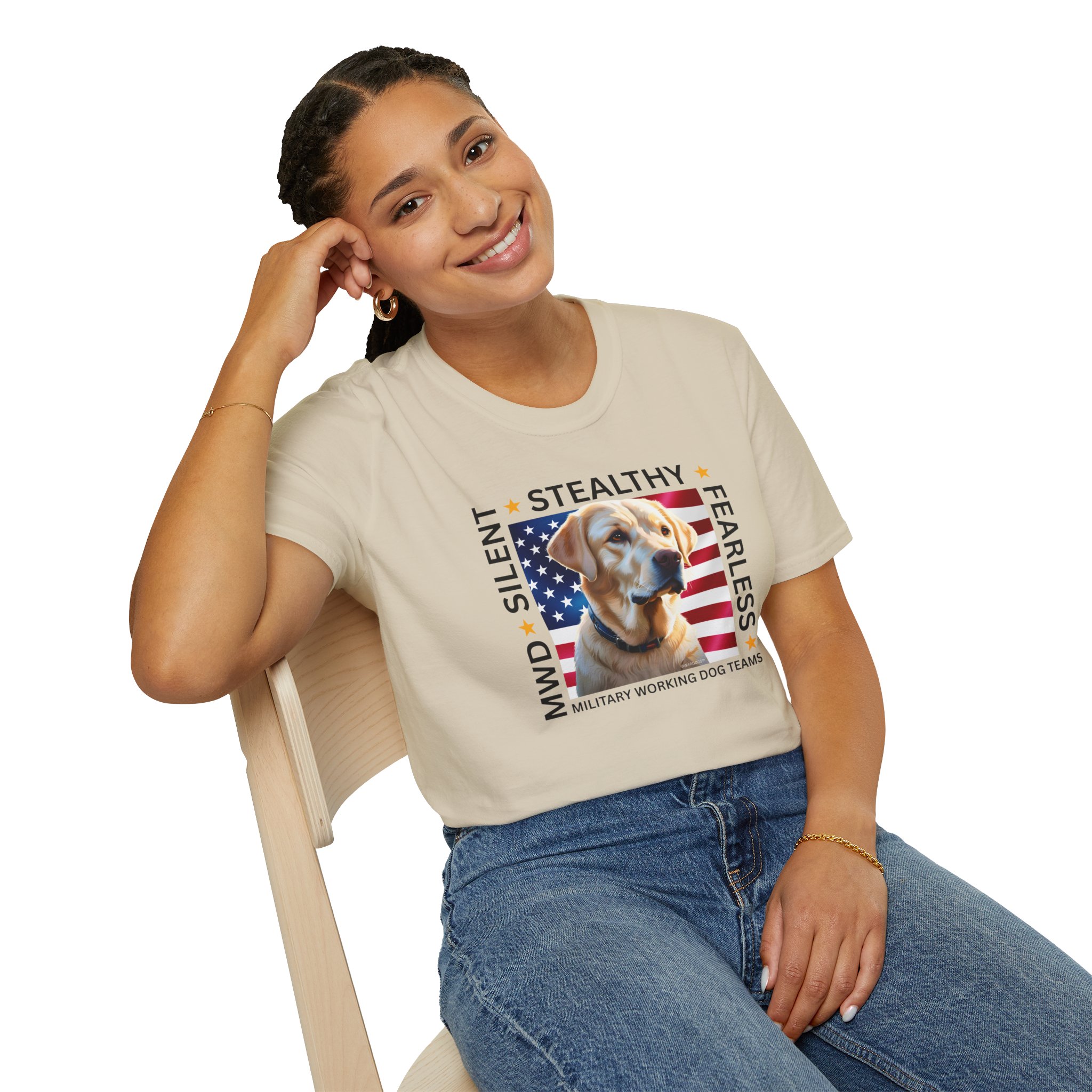 Military Working Dog T-Shirt — "MWD Silent • Stealthy • Fearless" American Flag K9 Tribute - Yellow Labrador - Image 8