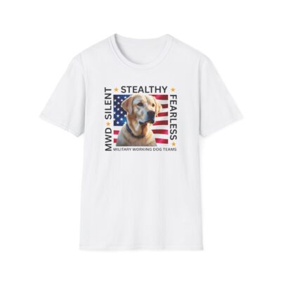 Military Working Dog T-Shirt — “MWD Silent • Stealthy • Fearless” American Flag K9 Tribute – Yellow Labrador