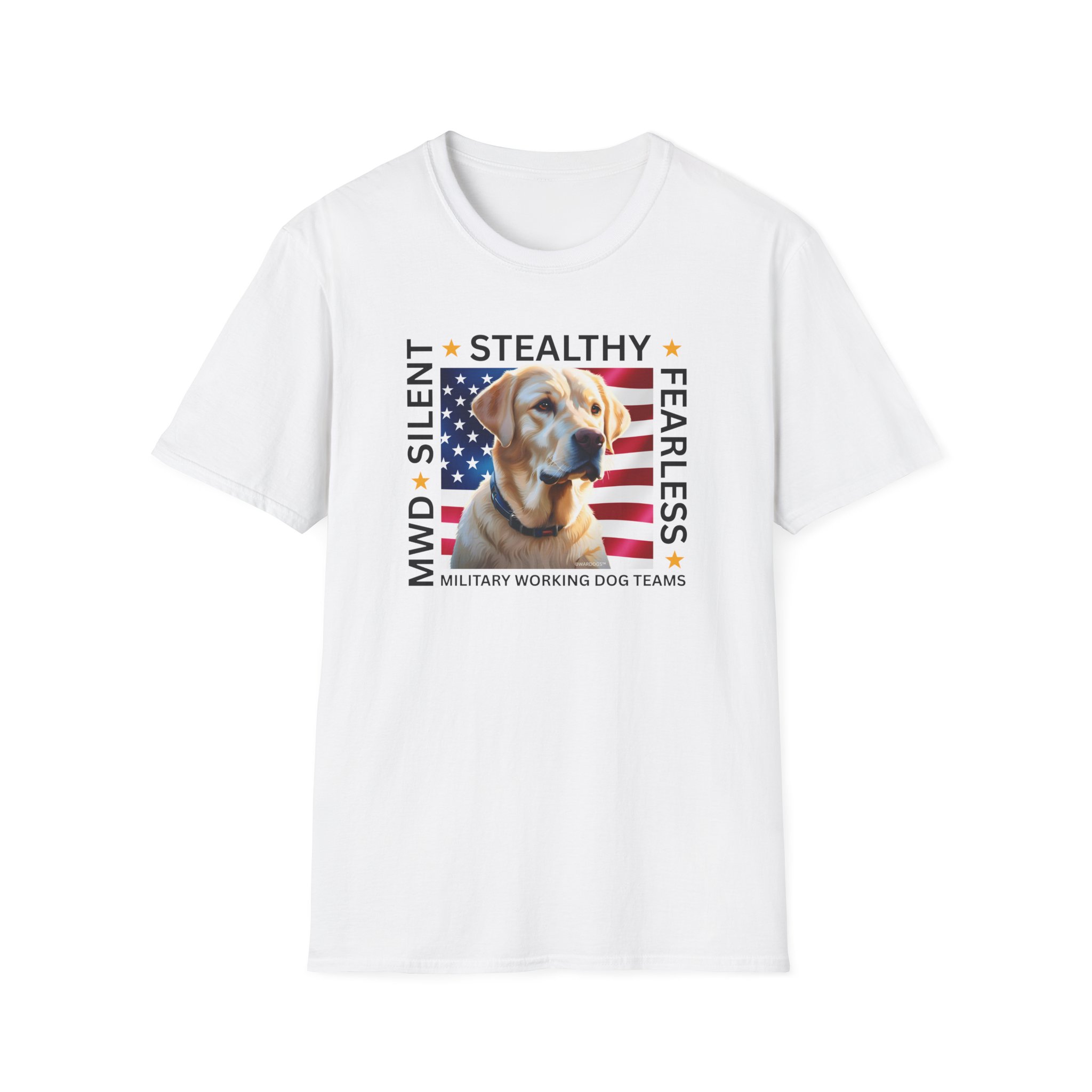 Military Working Dog T-Shirt — "MWD Silent • Stealthy • Fearless" American Flag K9 Tribute - Yellow Labrador