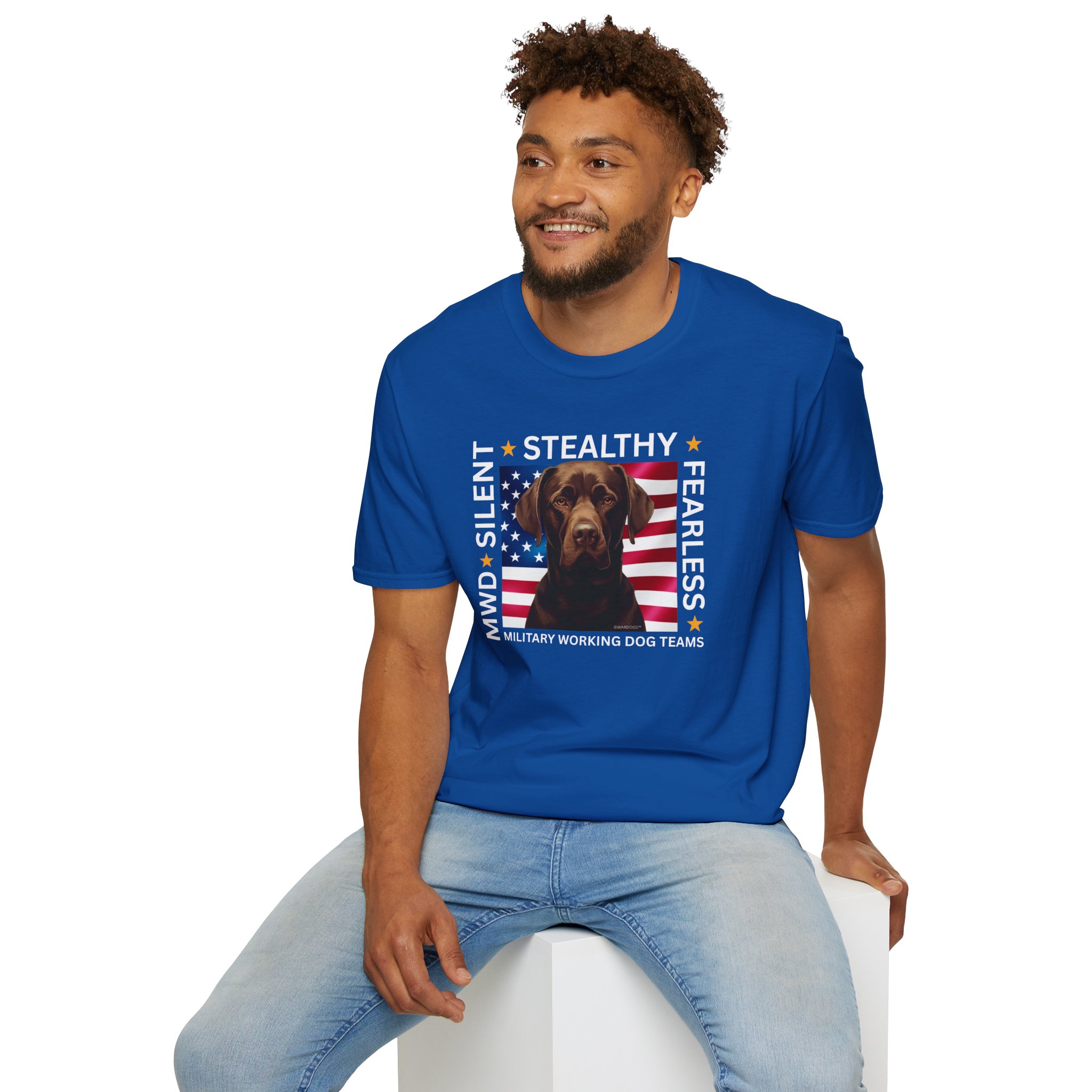 Military Working Dog T-Shirt — "MWD Silent • Stealthy • Fearless" American Flag K9 Tribute - Chocolate Lab - Image 15