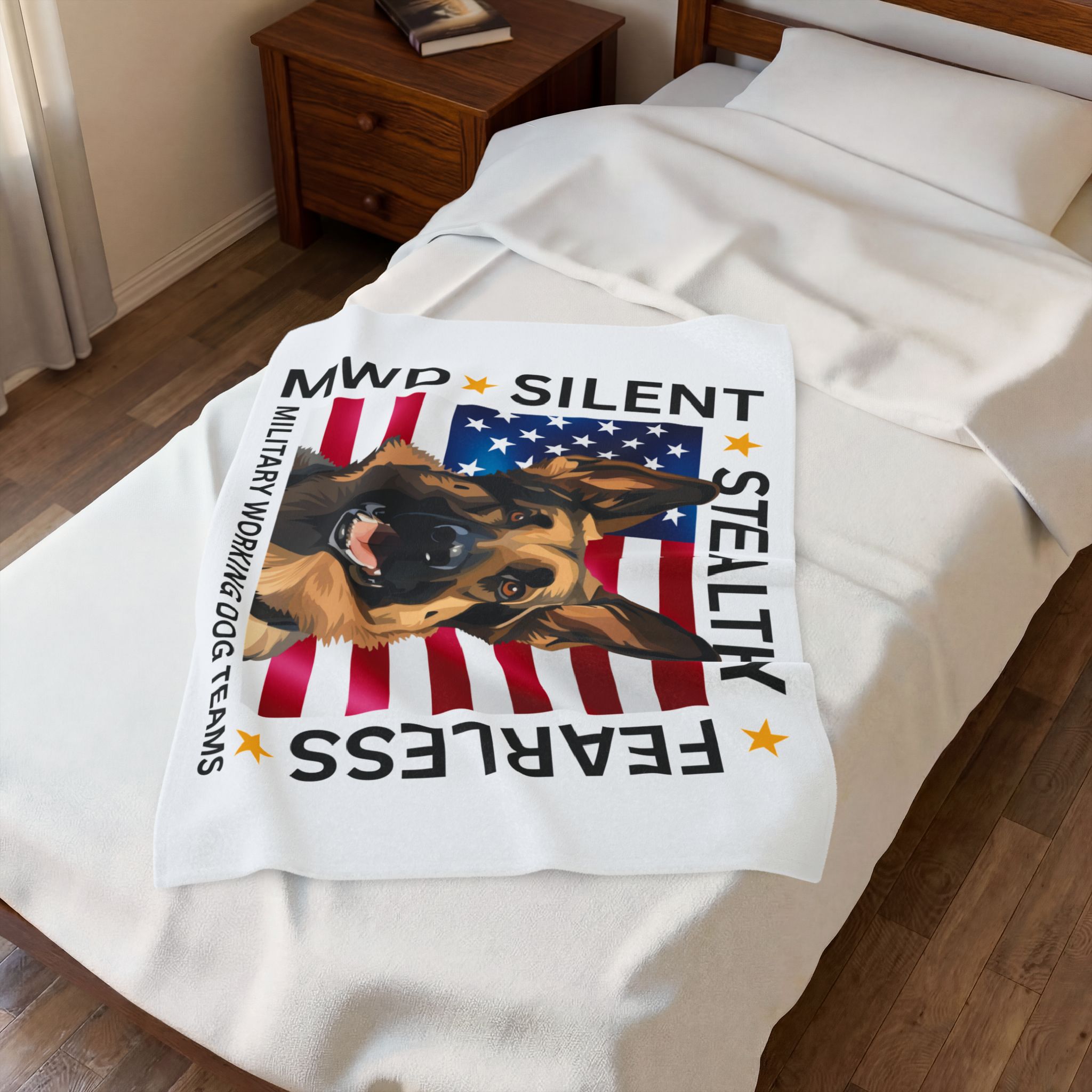 Copy of Velveteen Plush Blanket — Military Working Dog K9 Design with American Flag ("Silent, Stealthy, Fearless") - Image 8