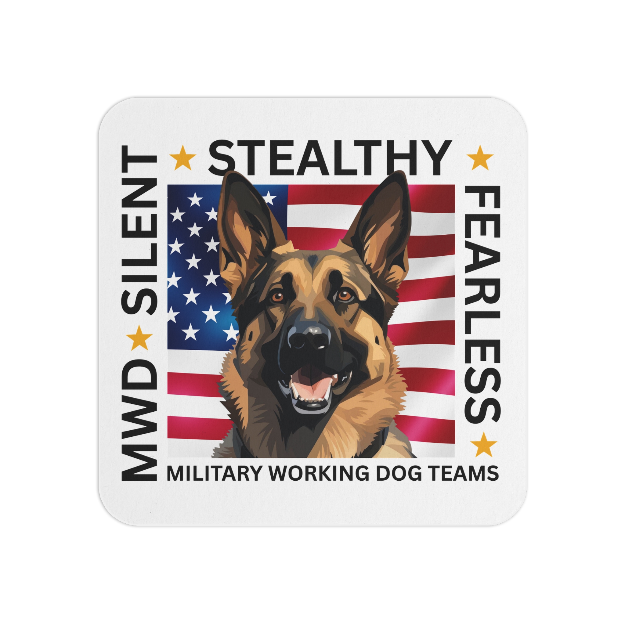 Military Working Dog Coasters – 'Silent Stealthy Fearless' German Shepherd Flag Drink Coasters (Set of 50/100) - Image 2