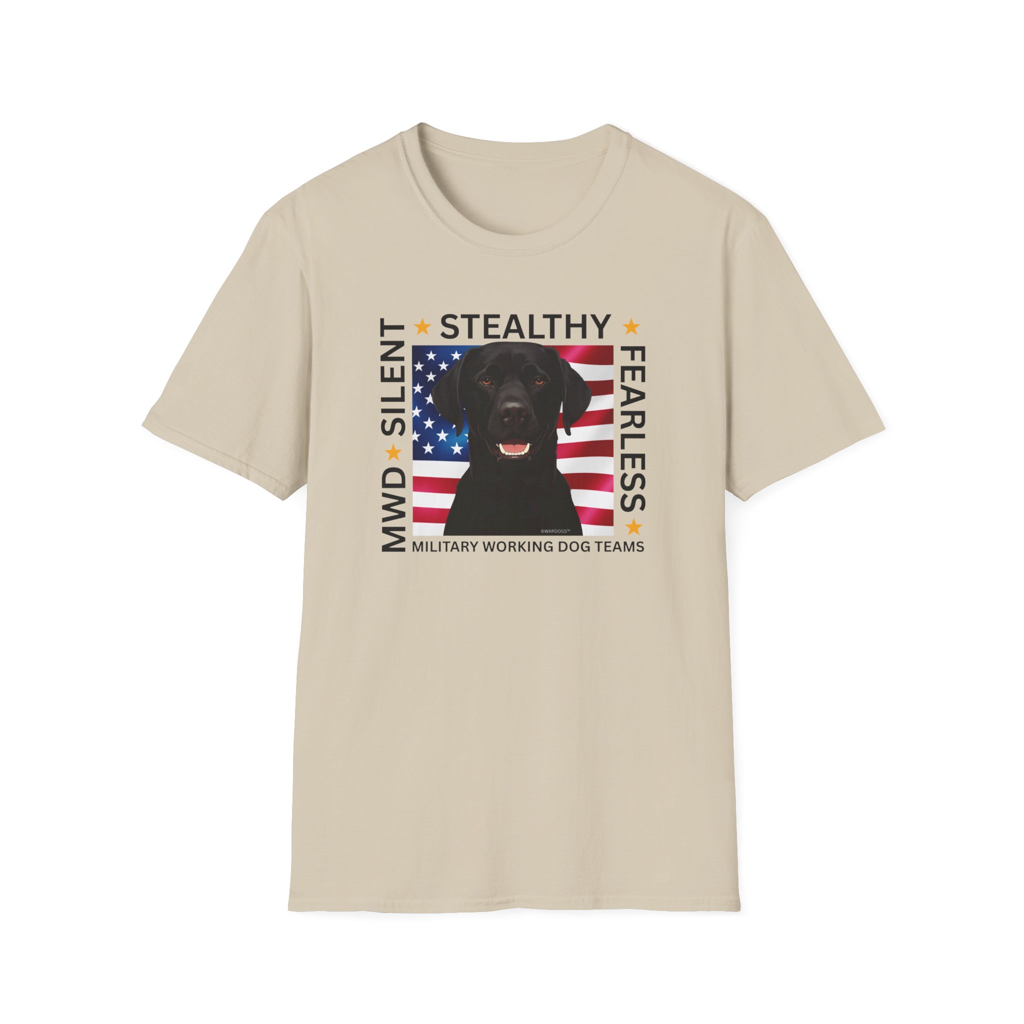 Military Working Dog T-Shirt — "MWD Silent • Stealthy • Fearless" American Flag K9 Tribute - Black Lab - Image 9