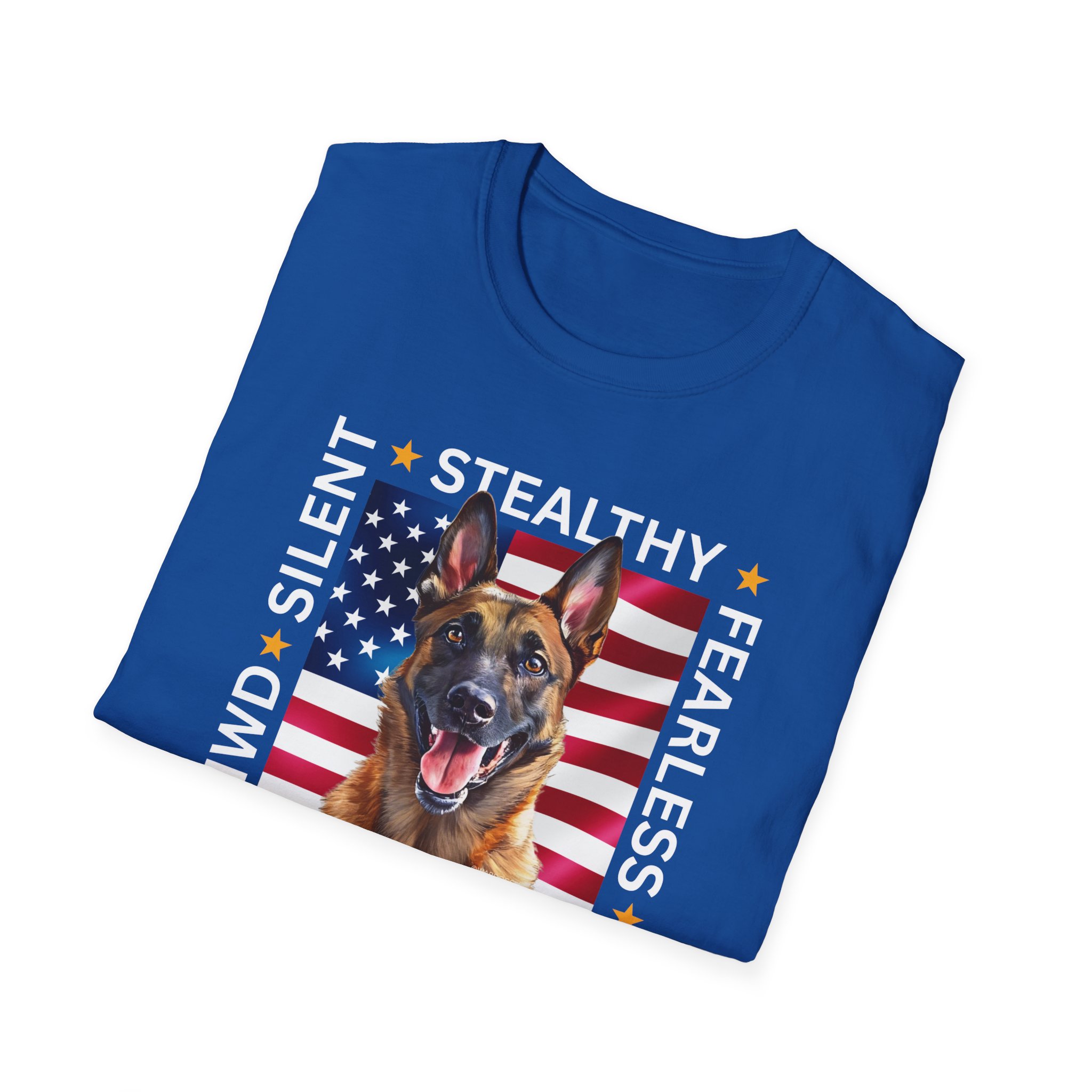 Military Working Dog T-Shirt — "MWD Silent • Stealthy • Fearless" American Flag K9 Tribute - Belgian Malinois - Image 14