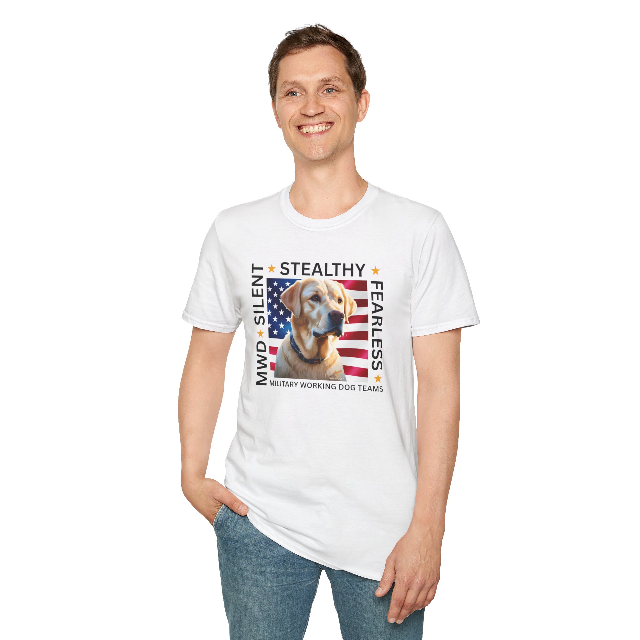 Military Working Dog T-Shirt — "MWD Silent • Stealthy • Fearless" American Flag K9 Tribute - Yellow Labrador - Image 3