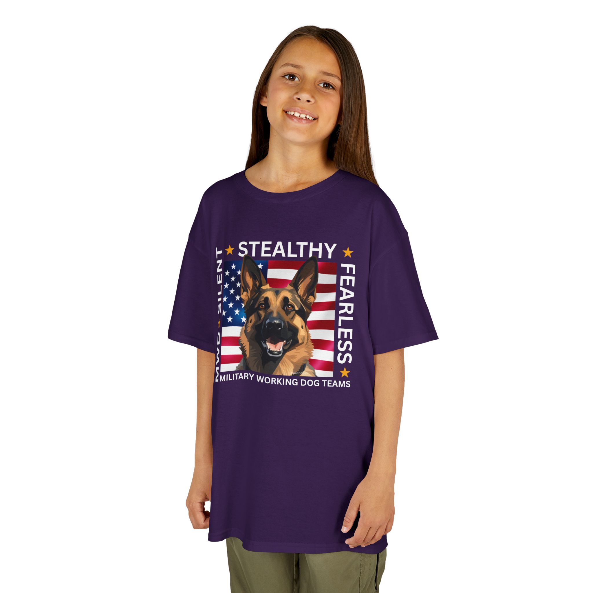 Kids Military Working Dog Tee — "Silent • Stealthy • Fearless" American Flag K9 Shirt - Image 25