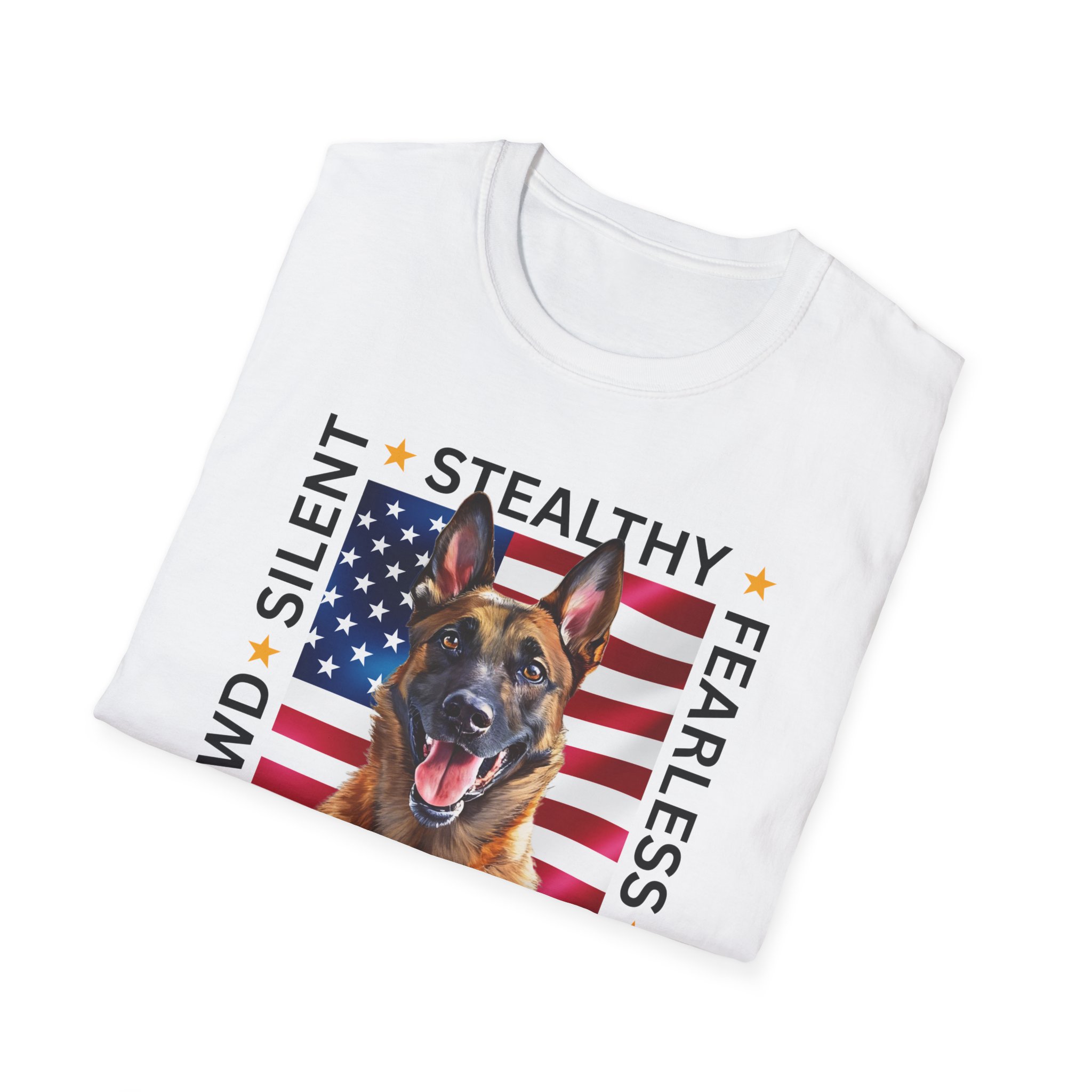 Military Working Dog T-Shirt — "MWD Silent • Stealthy • Fearless" American Flag K9 Tribute - Belgian Malinois - Image 2