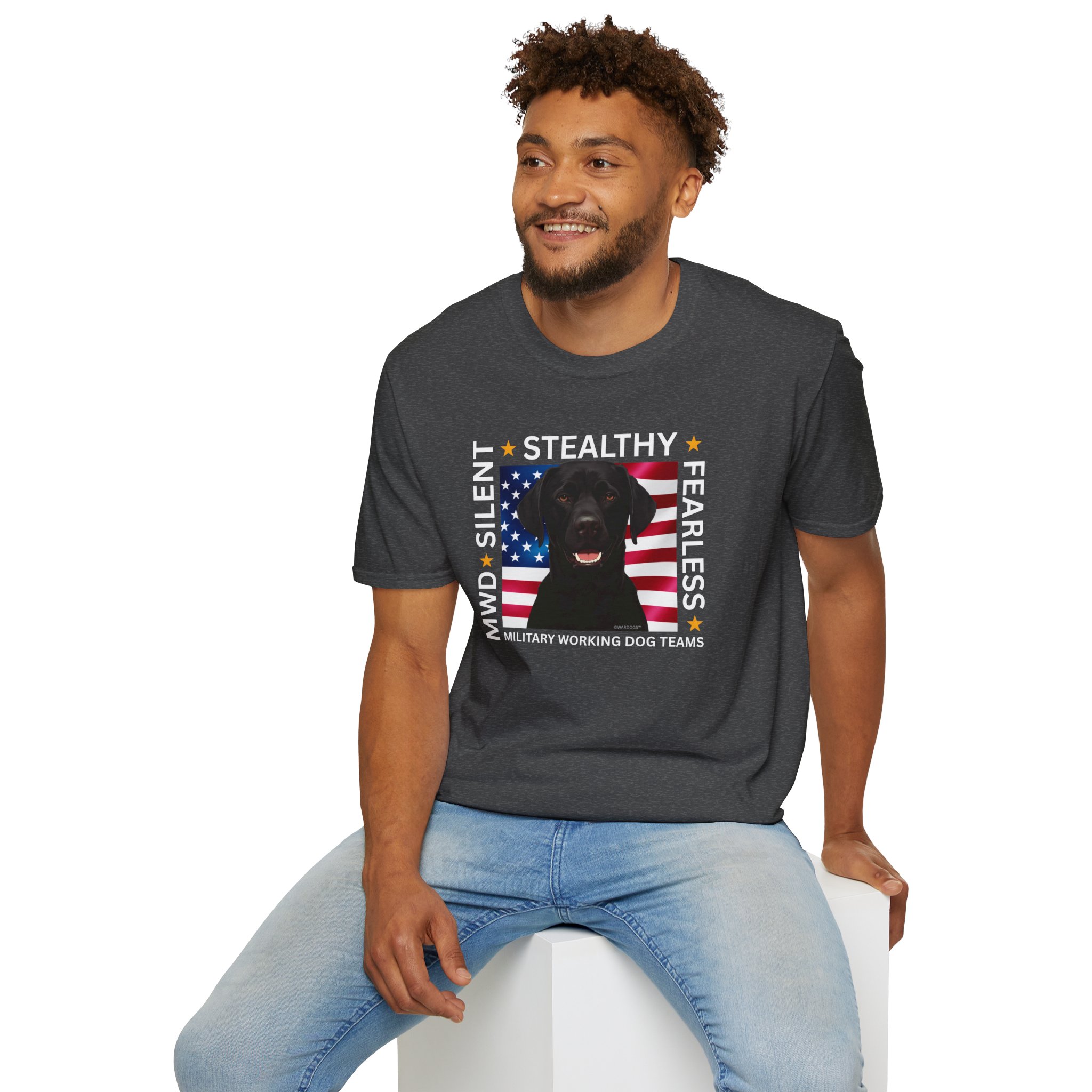 Military Working Dog T-Shirt — "MWD Silent • Stealthy • Fearless" American Flag K9 Tribute - Black Lab - Image 15