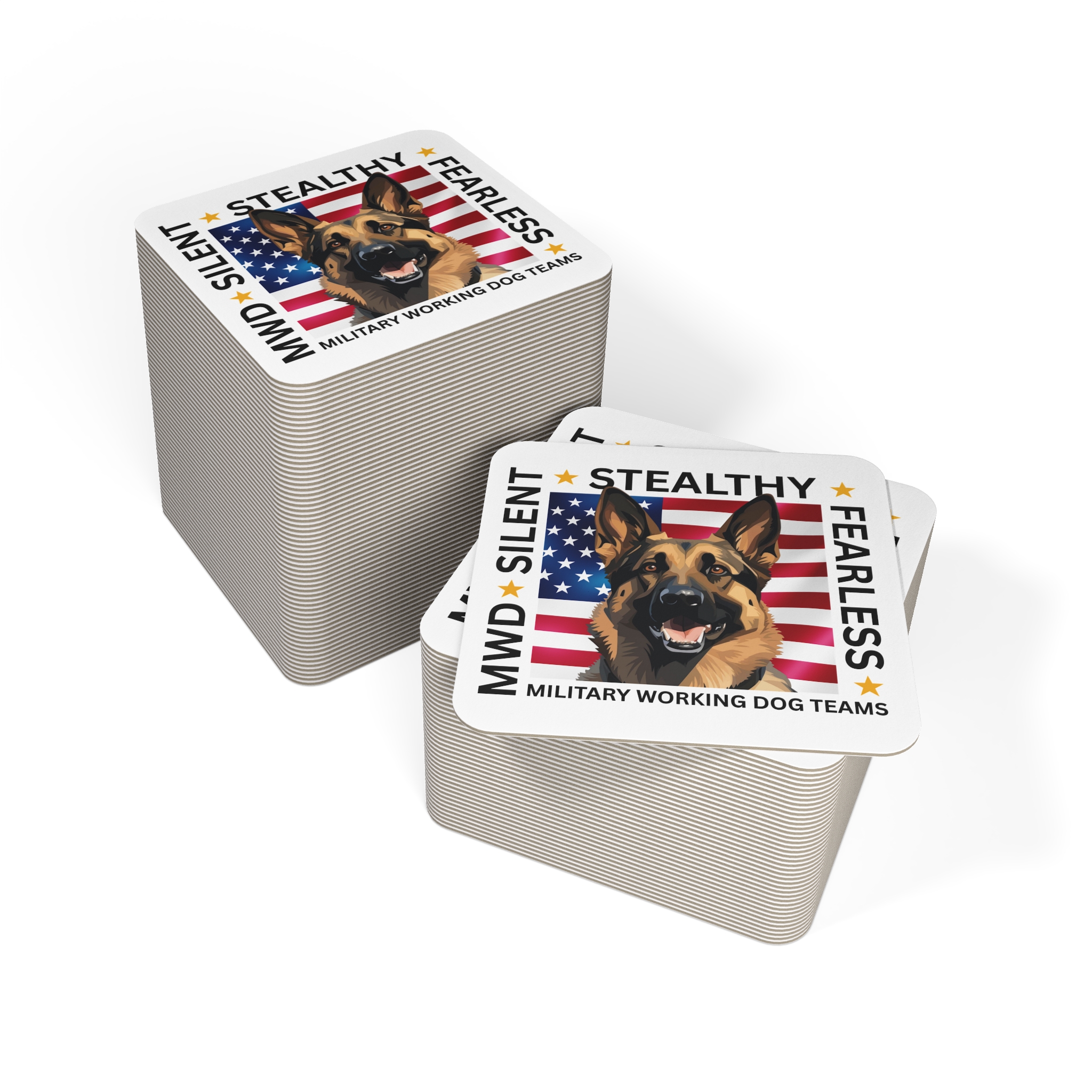 Military Working Dog Coasters – 'Silent Stealthy Fearless' German Shepherd Flag Drink Coasters (Set of 50/100) - Image 5