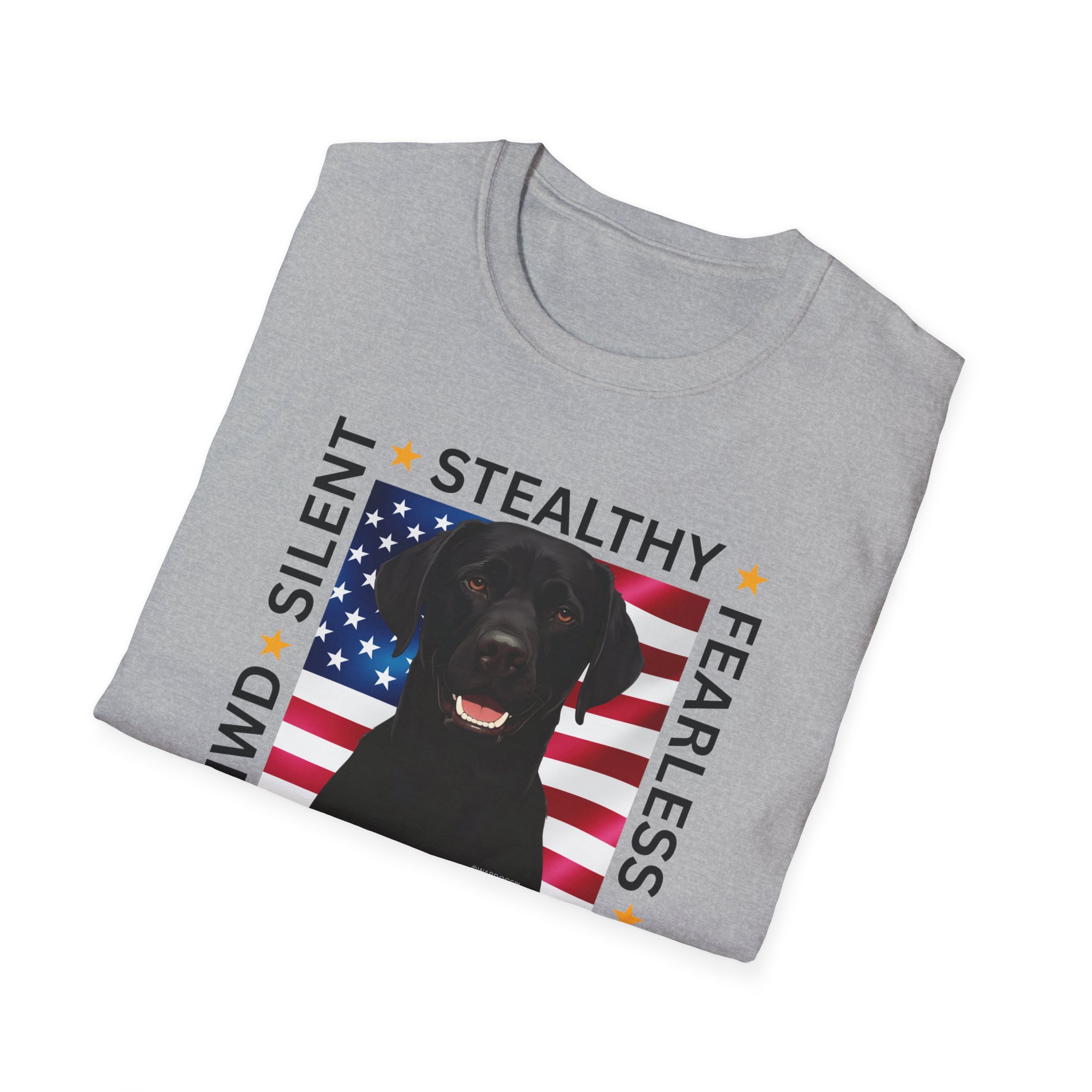 Military Working Dog T-Shirt — "MWD Silent • Stealthy • Fearless" American Flag K9 Tribute - Black Lab - Image 3