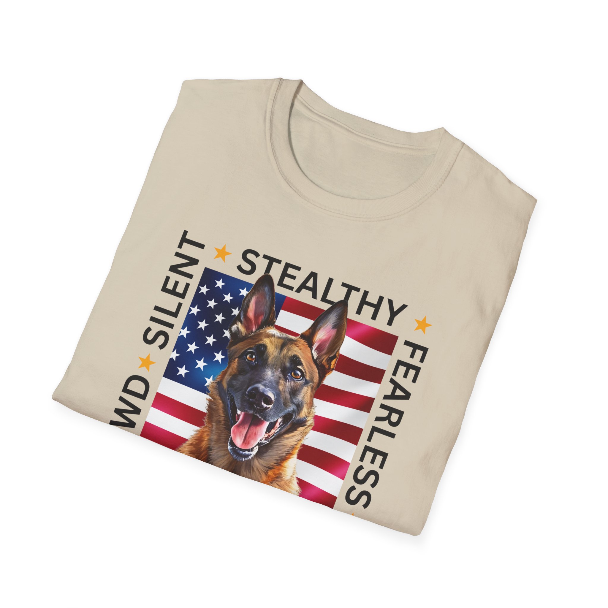 Military Working Dog T-Shirt — "MWD Silent • Stealthy • Fearless" American Flag K9 Tribute - Belgian Malinois - Image 6