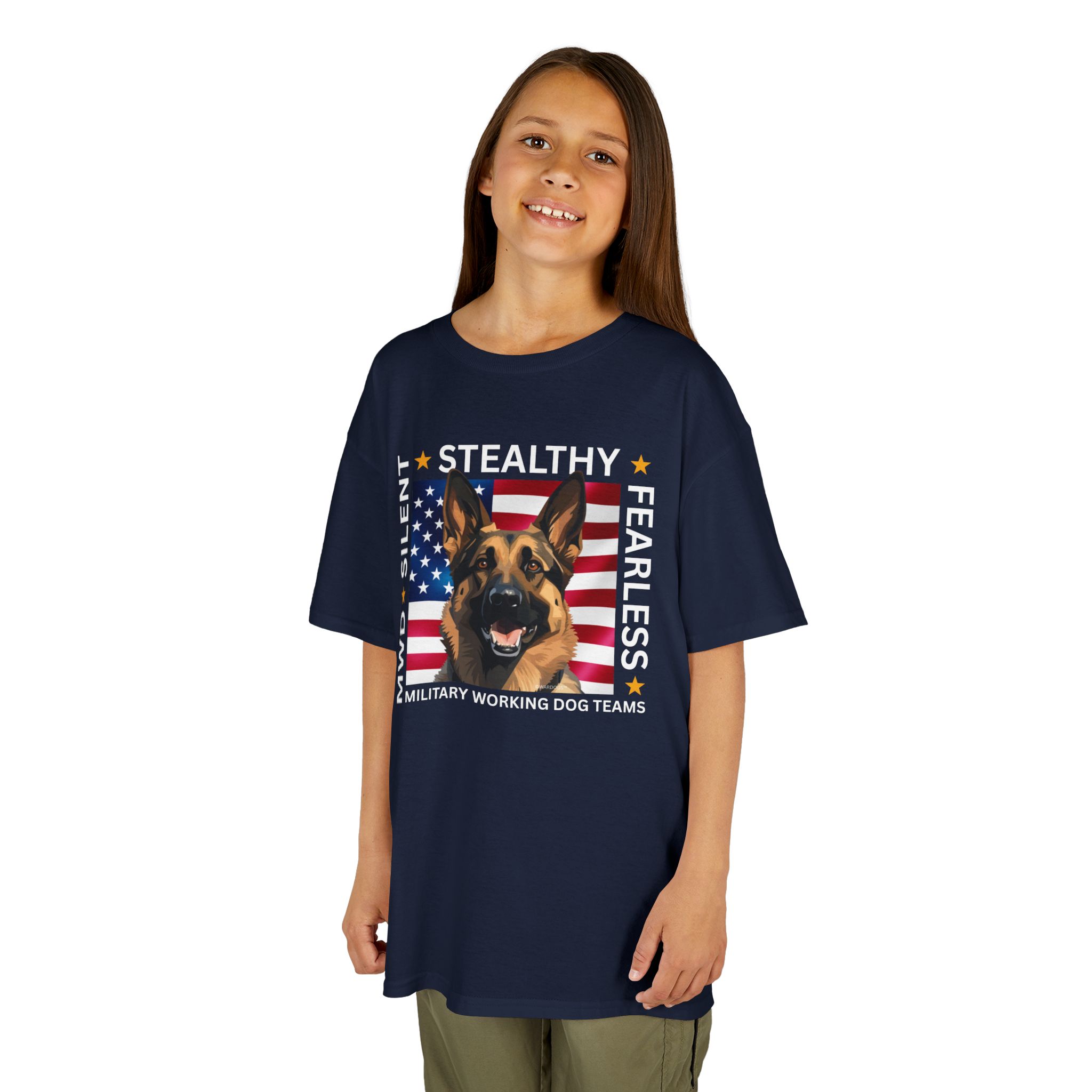 Kids Military Working Dog Tee — "Silent • Stealthy • Fearless" American Flag K9 Shirt - Image 18