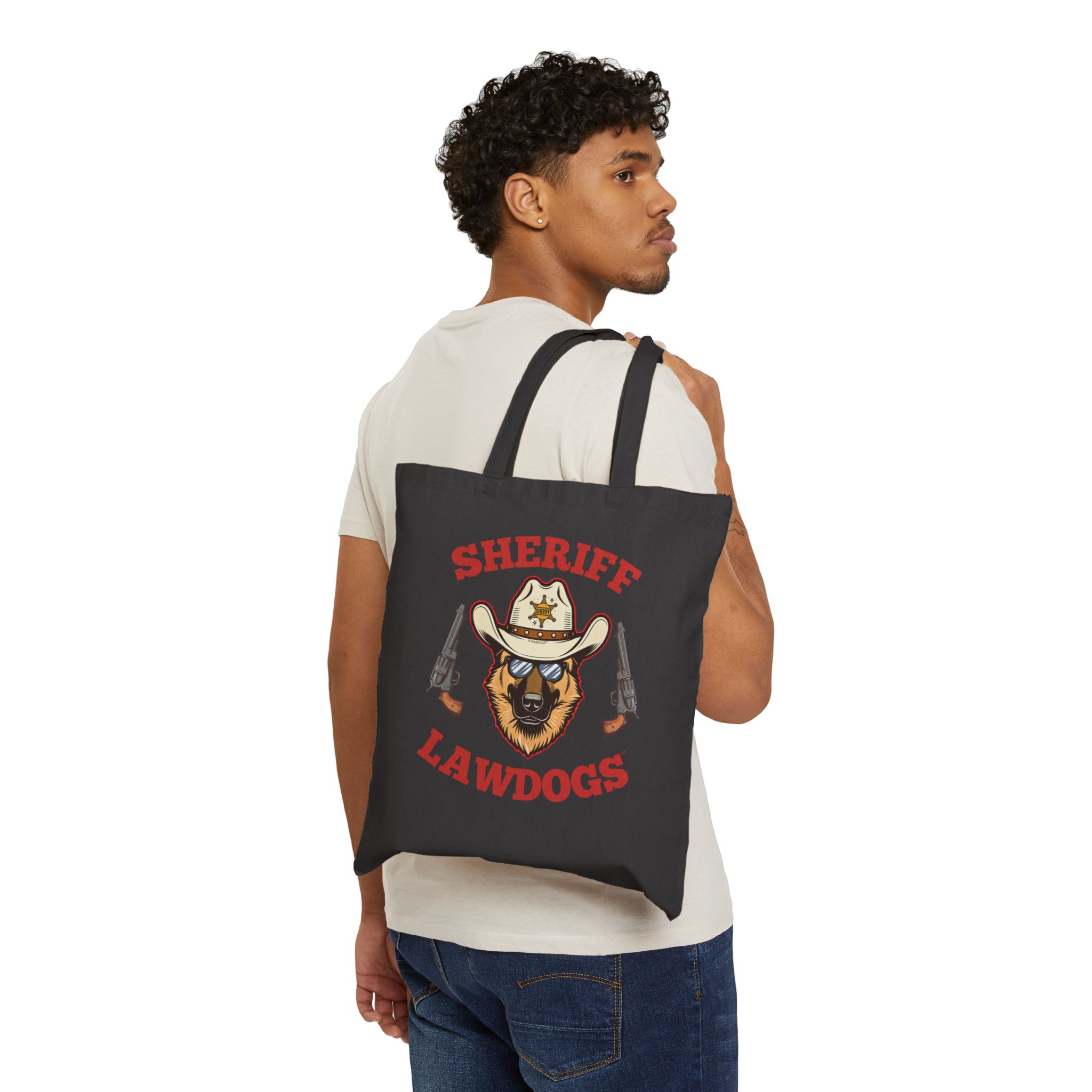 Sheriff Lawdogs Canvas Tote Bag – Western Sheriff Dog Graphic Cotton Shopper - Image 5