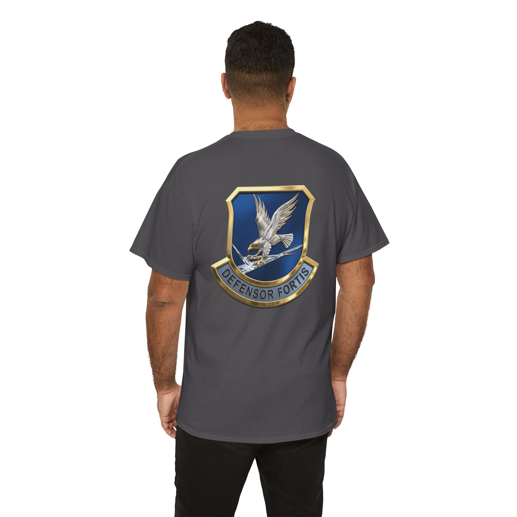 Military Crest T-Shirt — Defensor Fortis Emblem Back Print - Image 40