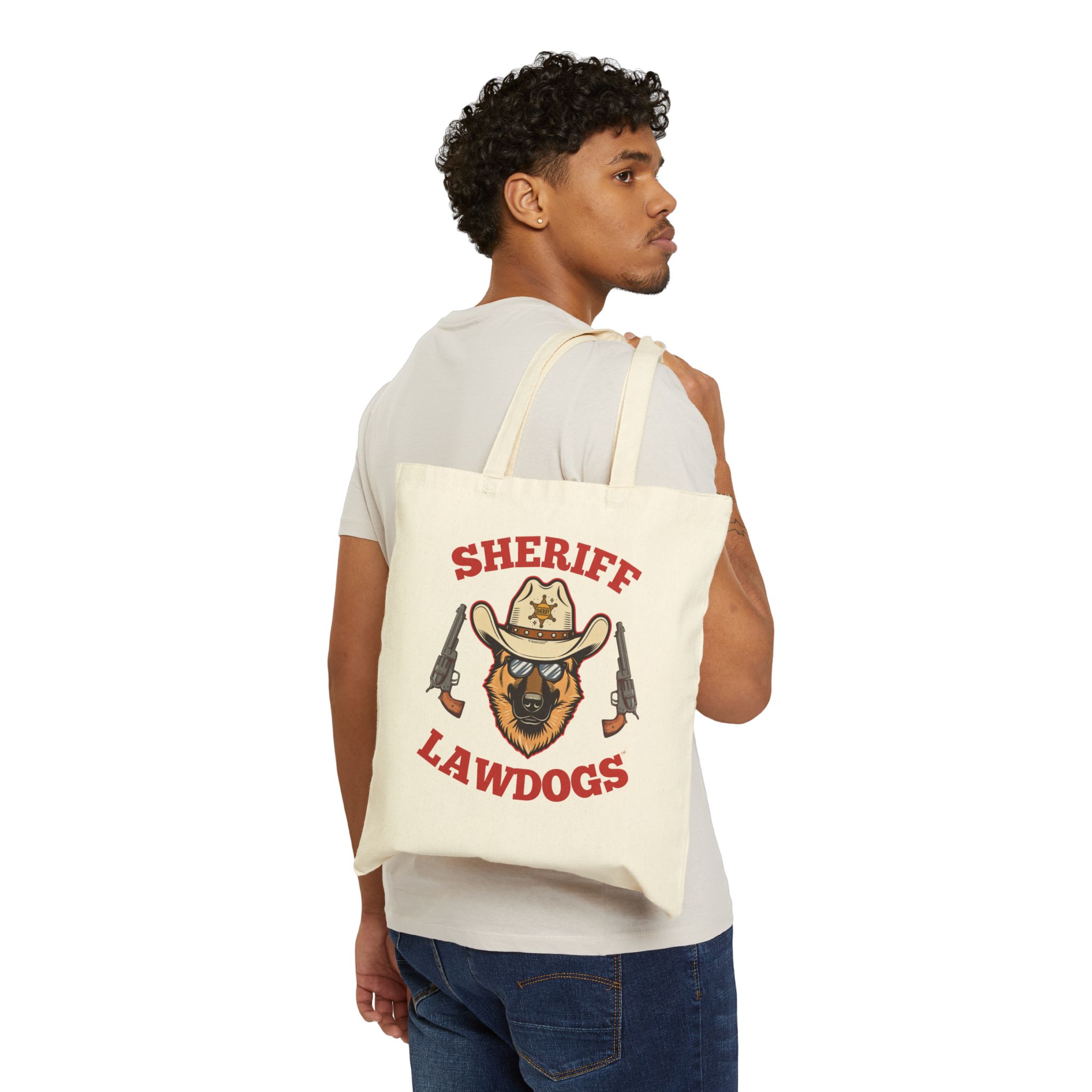 Sheriff Lawdogs Canvas Tote Bag – Western Sheriff Dog Graphic Cotton Shopper - Image 2