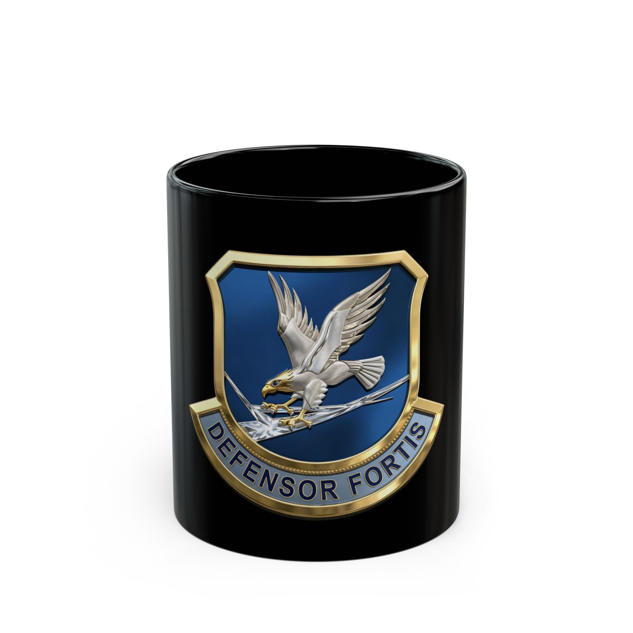 Defensor Fortis Emblem Mug — Military Shield Black Coffee Cup