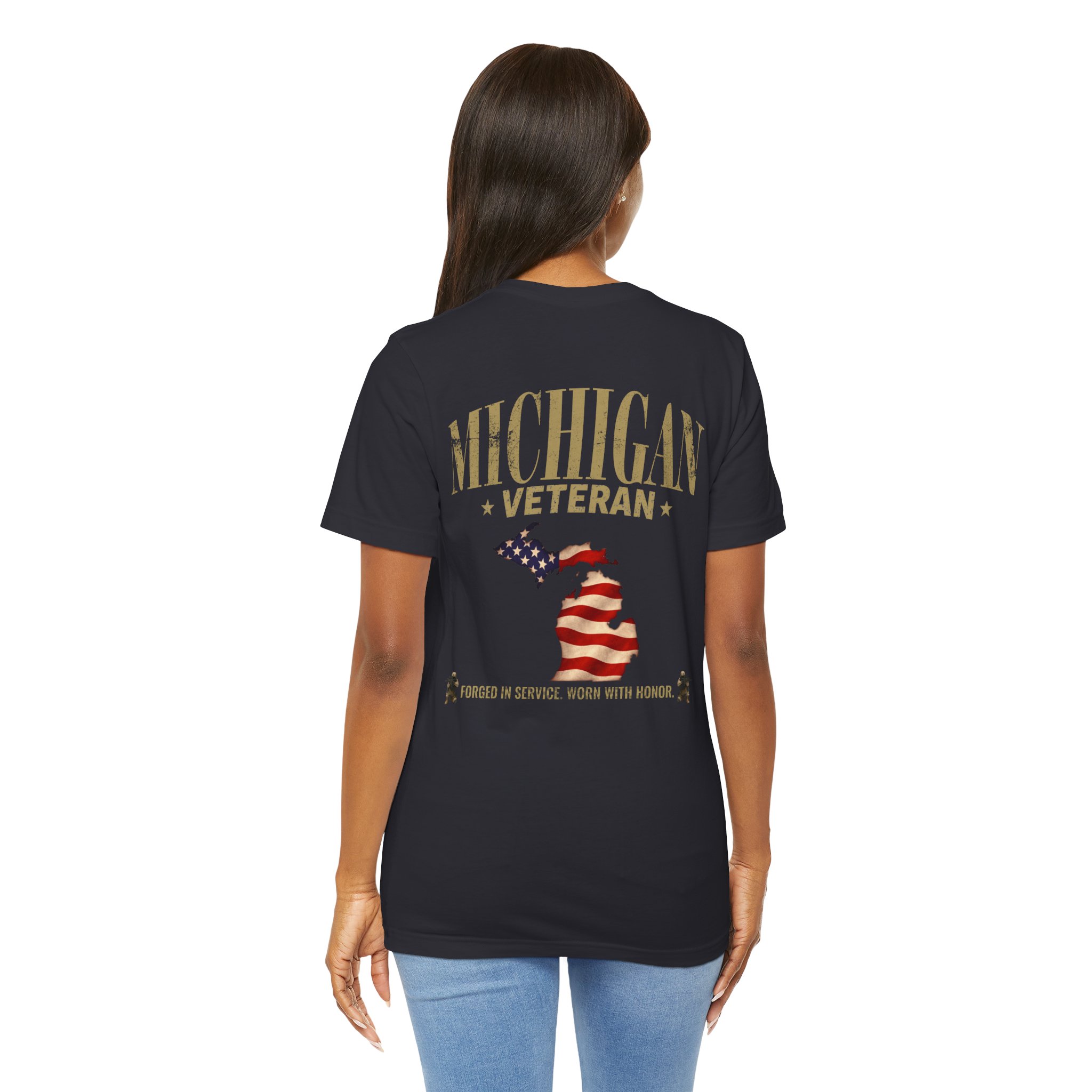 Michigan Veteran T-Shirt — American Flag Map Military Tribute Tee - Image 25